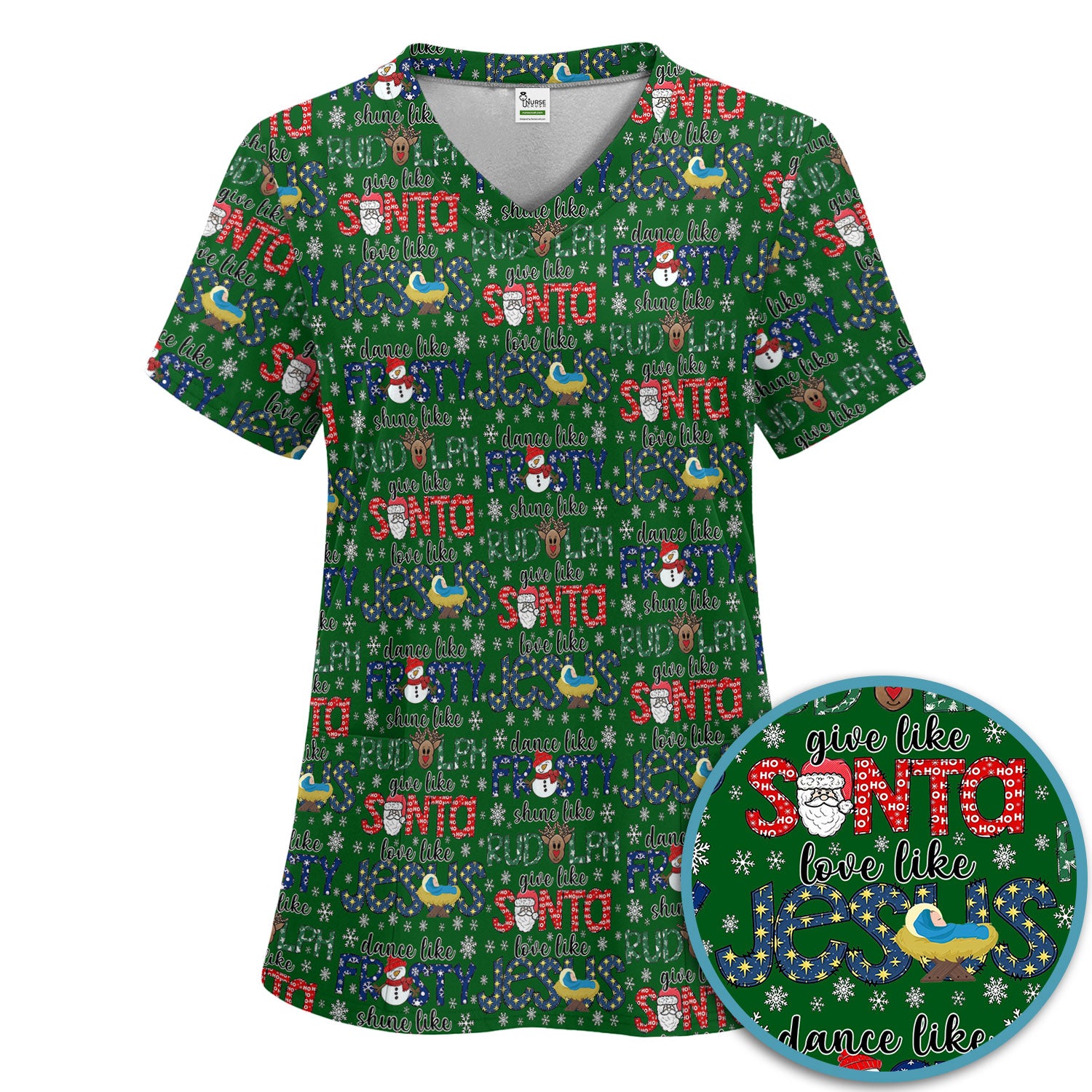 Xmas Rudolph Comfortable Scrub Set for Nurses - God Santa Scrub Pants and V Neck Top - Breathable Med Uniform