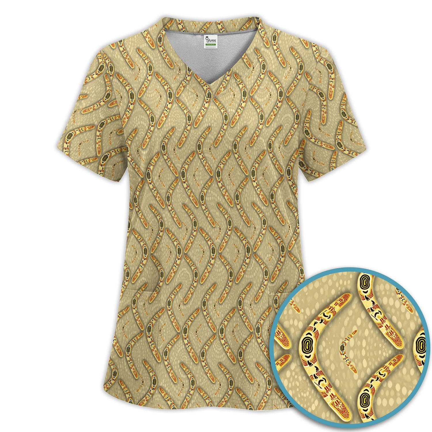 Aboriginal Boomerang Pattern Women Scrub Set, Breathable Med Uniform