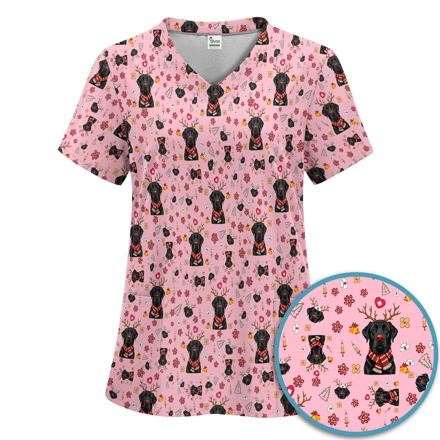 Black Lab Christmas Scrub Set - Funny Labrador Nursing Pants and V Neck Top - Cute Holiday Medical Uniform