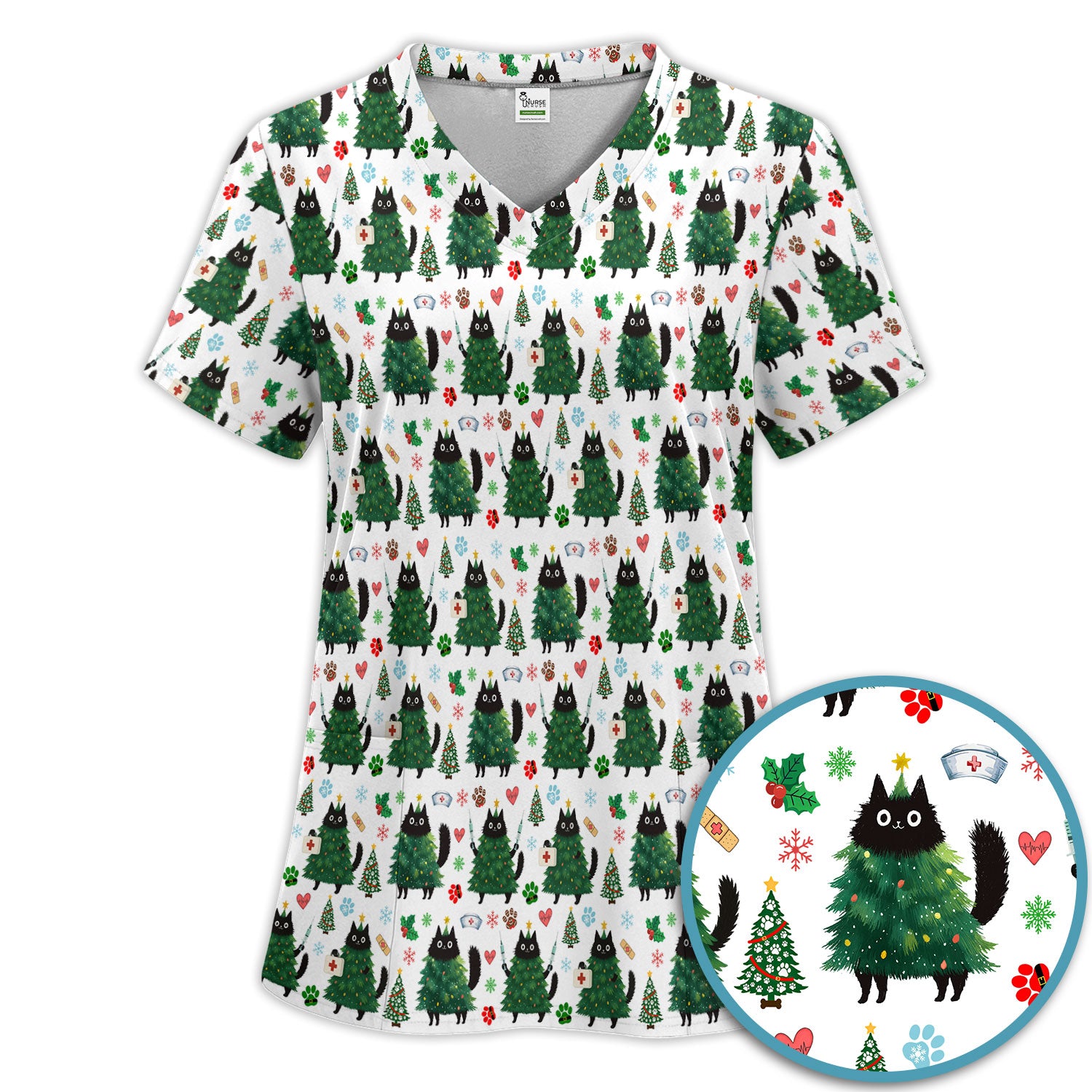 Christmas Nurse Scrub Set, Xmas Black Cat Pattern Nurse Shirt,  Breathable Fabrics Nursing Uniform