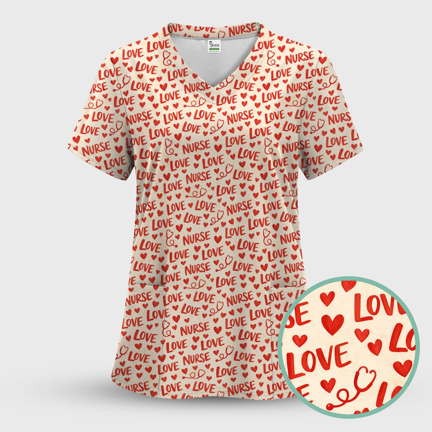 Valentine Pattern Scrub Top, Love Heart Medical Nurse Scrub Shirt, Breathable Fabrics Nursing Uniform