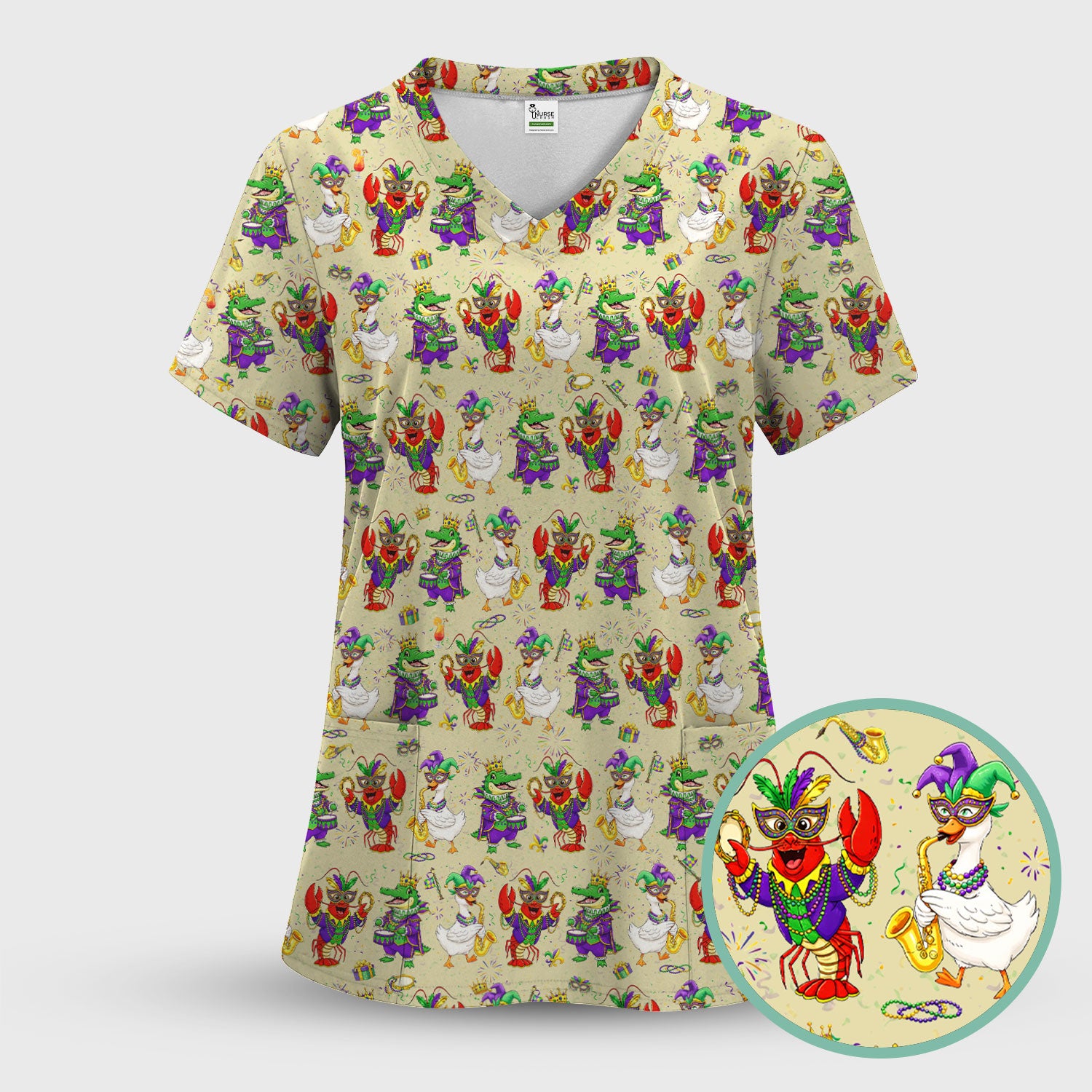 Crawfish And Duck Carnival Scrub Set, Mardi Gras Parade Pattern Nurse Shirt, Breathable Fabrics Nursing Uniform