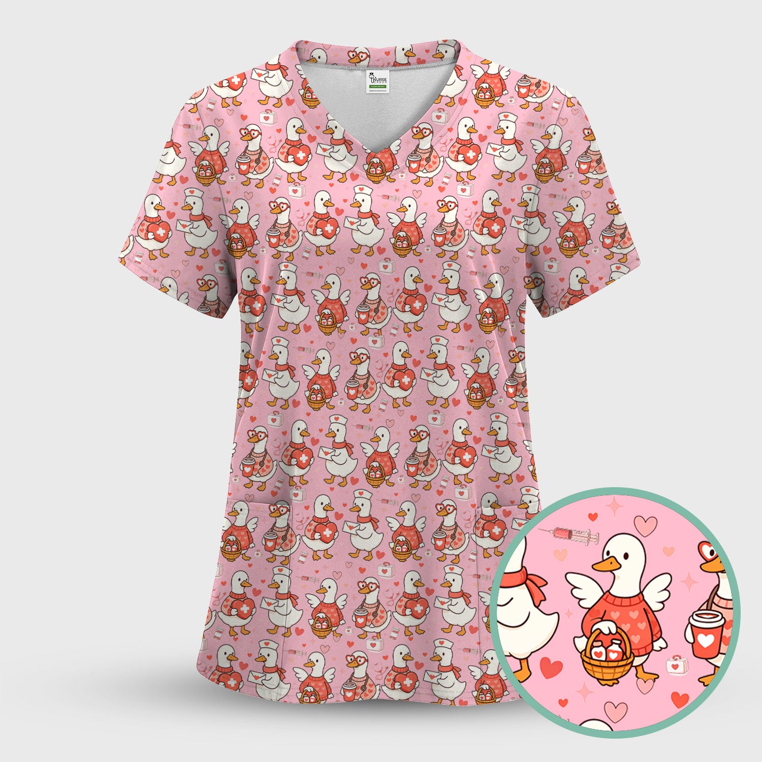 Valentine Goose Nurse Scrub Top, Heart Medical Pattern Nurse Shirt, Breathable Fabrics Nursing Uniform