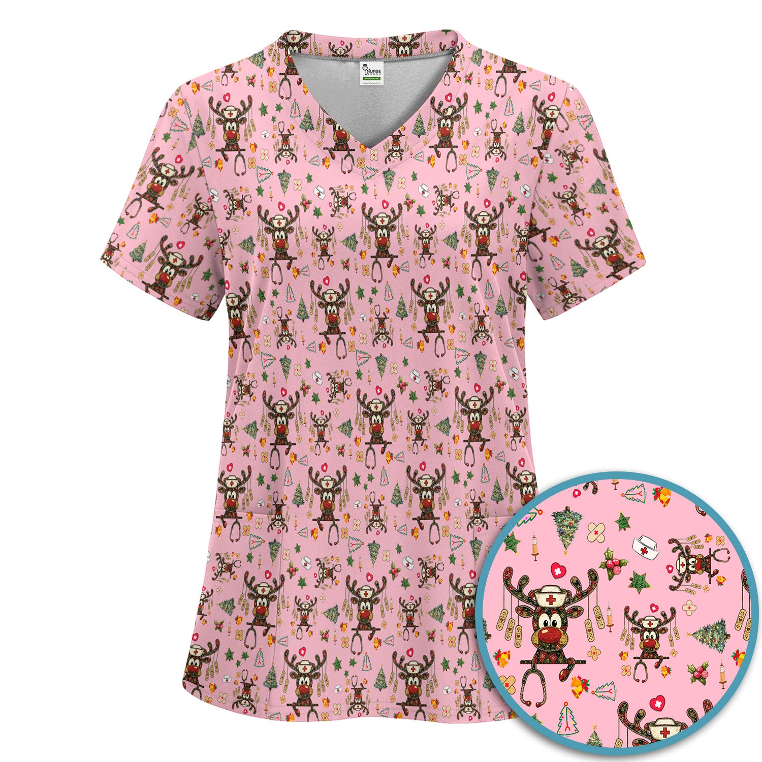 Reindeer Christmas Nurse Scrub Set - Funny Holiday Scrubs Pants and V Neck Top - Cute Medical Uniform for Women