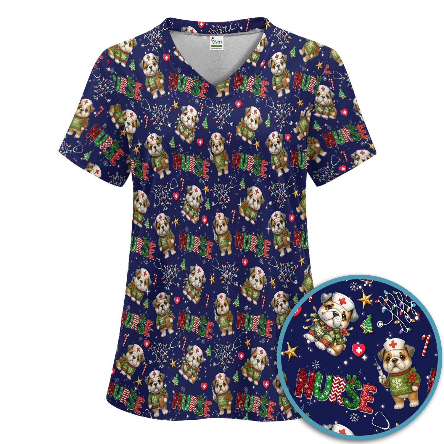 Bulldog Christmas Nurse Scrub Set - Funny Dog Scrubs Pants and V Neck Top - Cute Holiday Medical Uniform
