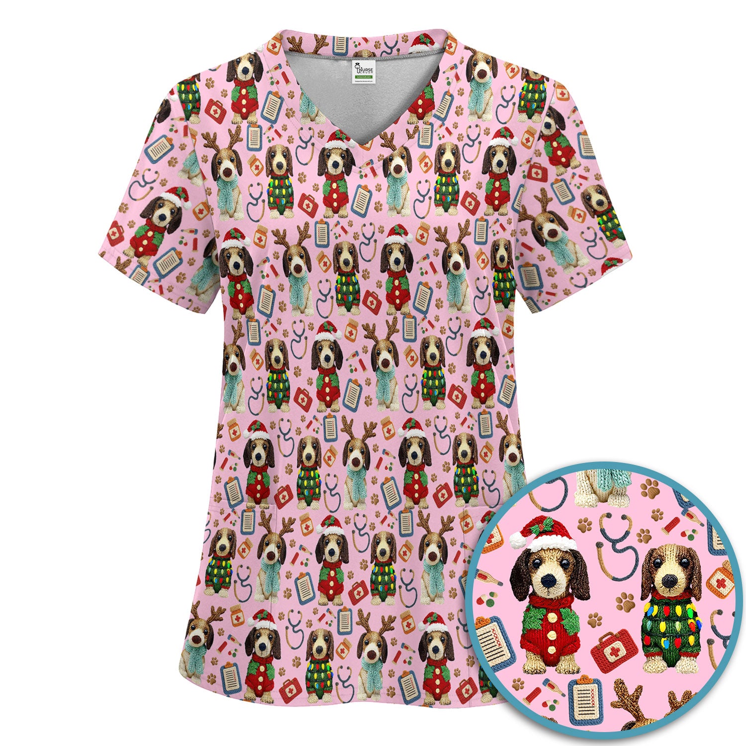 Christmas Wiener Dog Scrubs Set for Women - Cute Dachshund Christmas Scrub Pants and V Neck Top - Puppy Lover Medical Uniform Gift