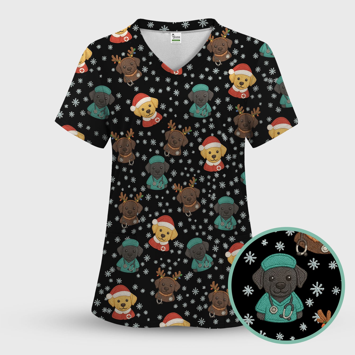 Christmas Dog Pattern Scrub Top, Cute Puppy Nurse Scrub Shirt, Holiday Nursing Uniform