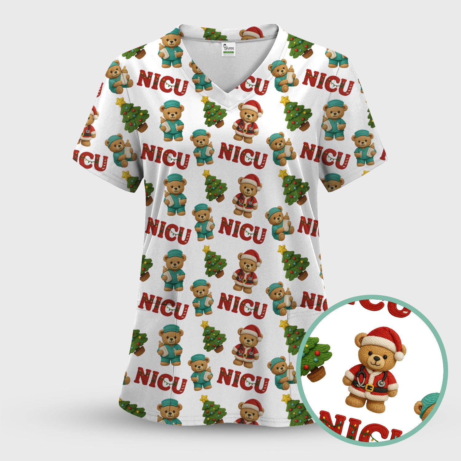Festive Christmas NICU Nurse Teddy Bear Pattern Scrub Set, Breathable Med Uniform