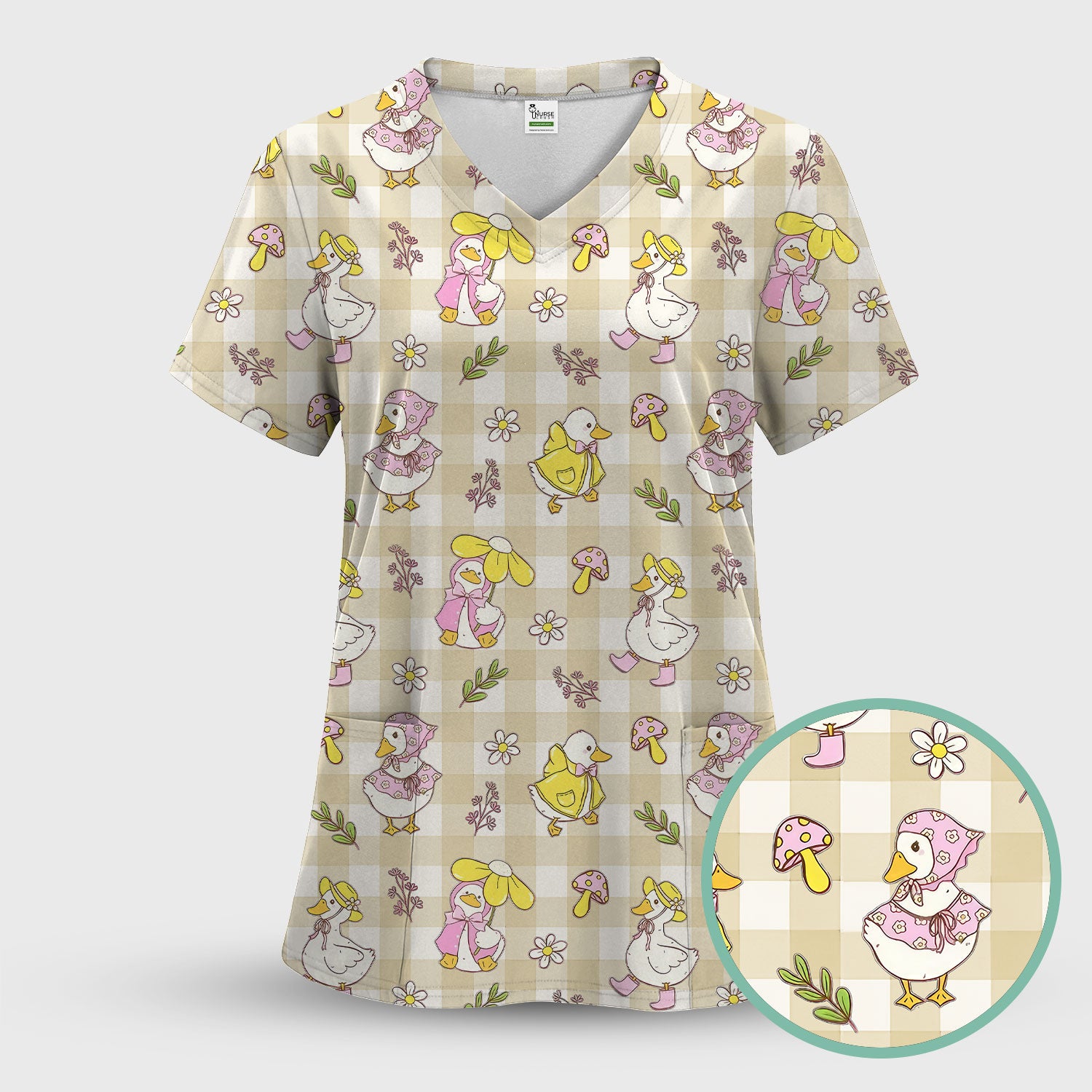 Cute Duck Outfit Gingham Pattern Scrub Top, Comfortable Scrubs for Nurses