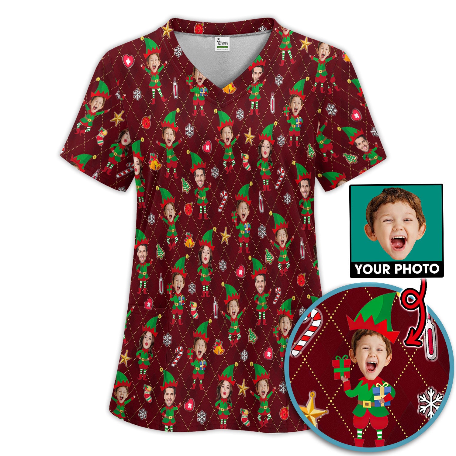 Personalized Face Nurse Uniform, Custom Photo Christmas Scrub Set, Funny Holiday Medical Uniform For Nursing