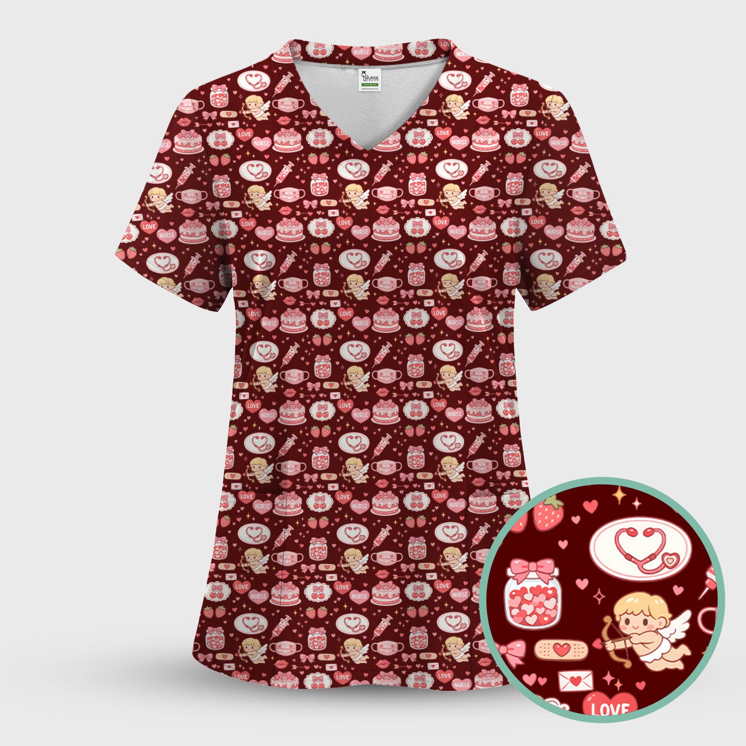 Cupid Nurse Scrub Top, Cute Love Medical Pattern Shirt For Valentine, Breathable Fabrics Nursing Uniform