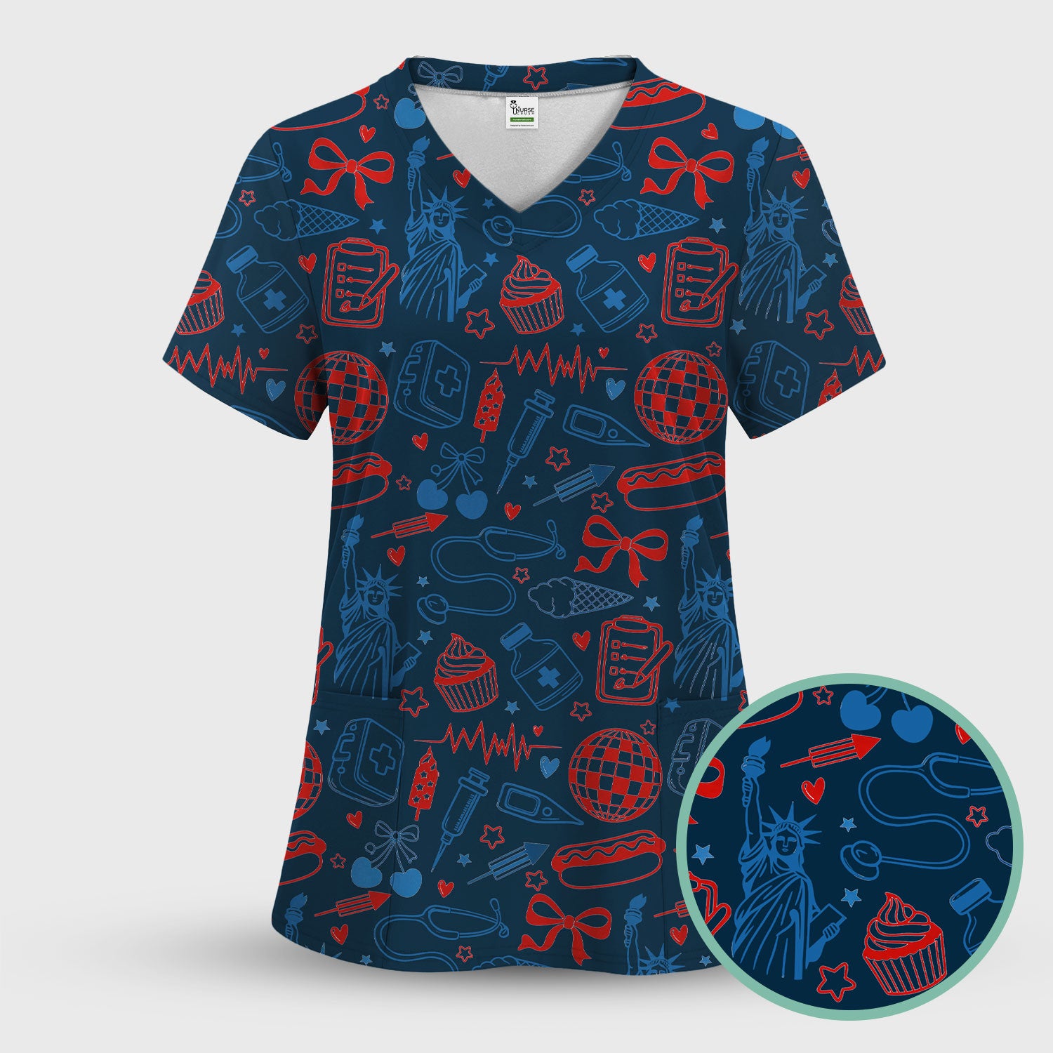 Patriotic Nurse Medical Icons Pattern Scrub Set, Scrub Pants and V Neck Top