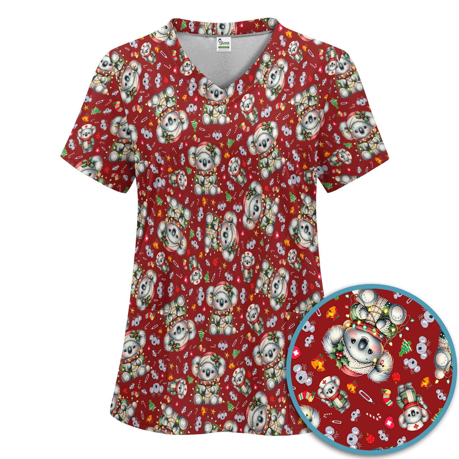 Christmas Koala Scrub Set - Cute Aussie Holiday Nursing Top and Pants - Funny Animal Medical Uniform