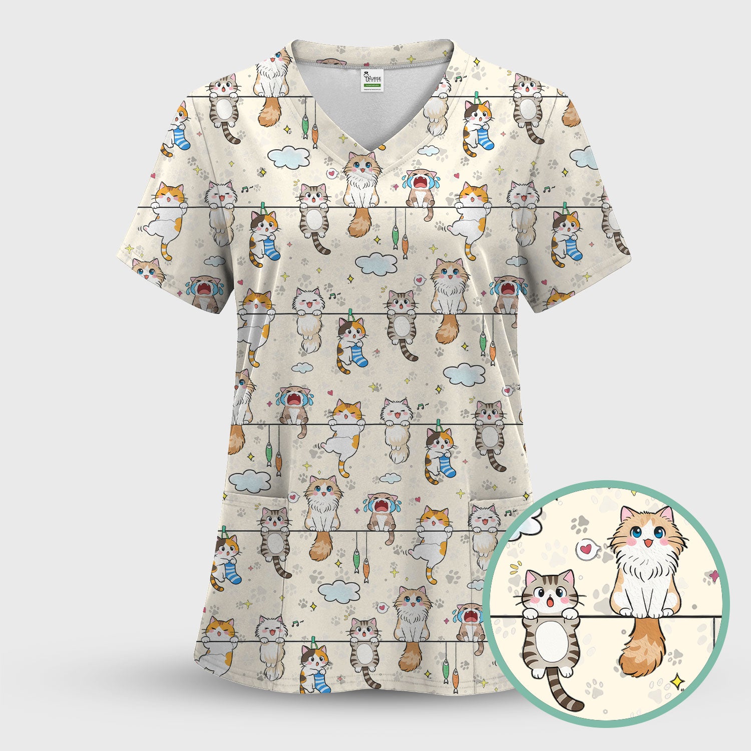 Funny Cats With Cute Expressions Pattern Scrubs Top, Comfortable Scrubs for Nurses