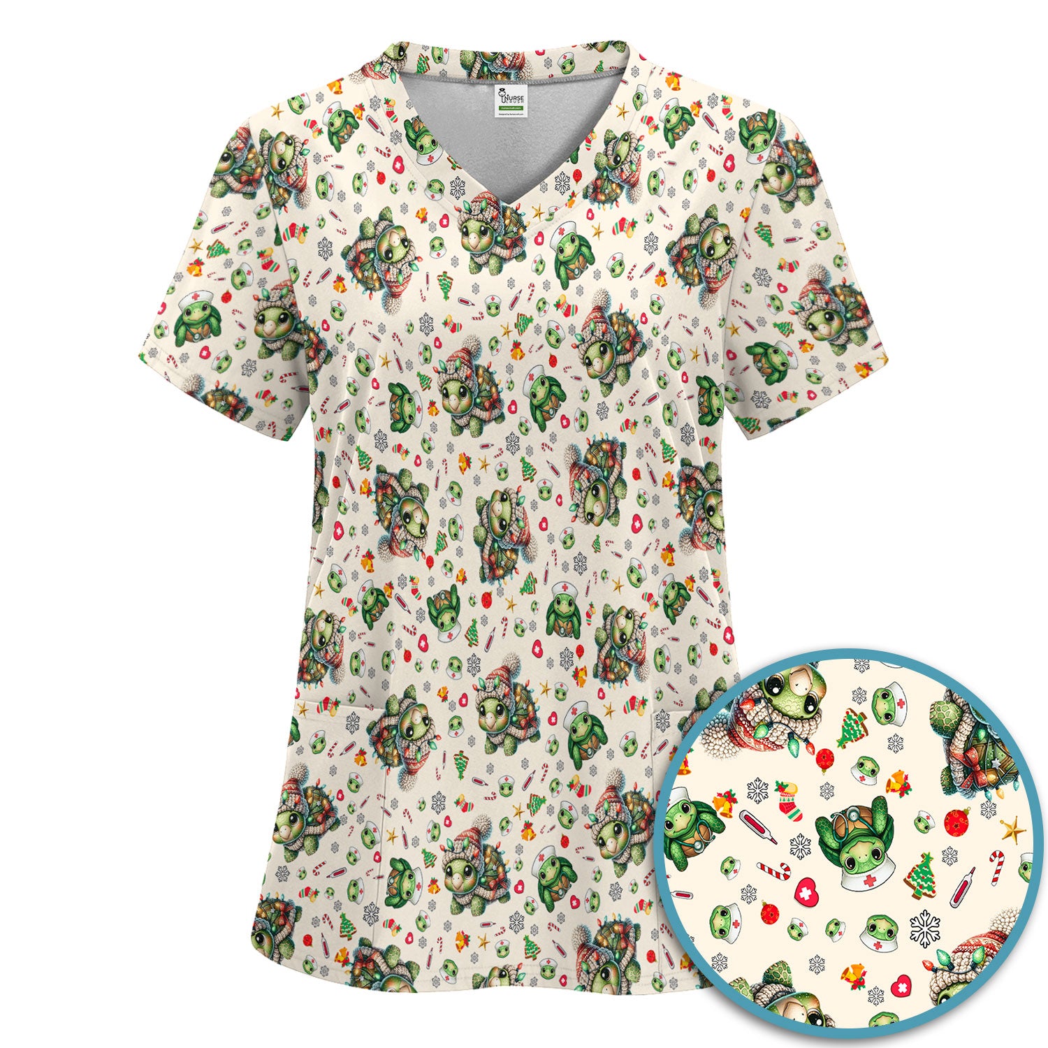 Christmas Turtle Scrub Set - Cute Funny Nurse Pants and V Neck Top - Holiday Medical Uniform for Women