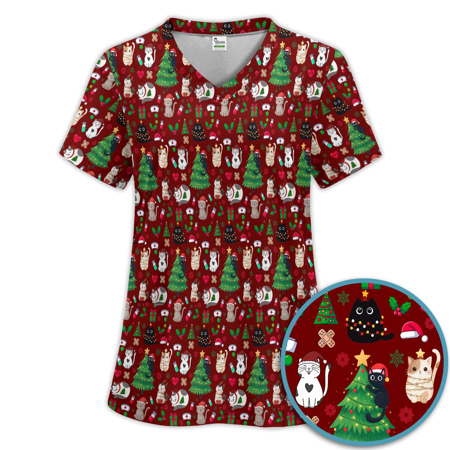 Christmas Cat Scrub Set, Xmas Pet Pattern Scrub Shirt, Breathable Fabrics Nursing Uniform