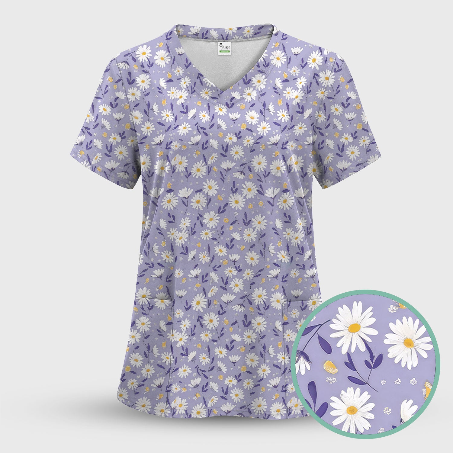 Cute Purple Daisy Botanical Print Scrub Top, Comfortable Scrubs For Nurses