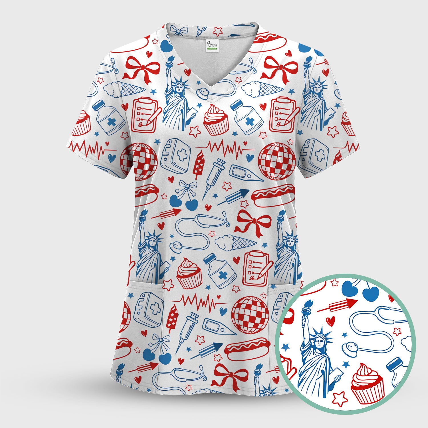 Patriotic Nurse Medical Icons Pattern Scrub Set, Scrub Pants and V Neck Top