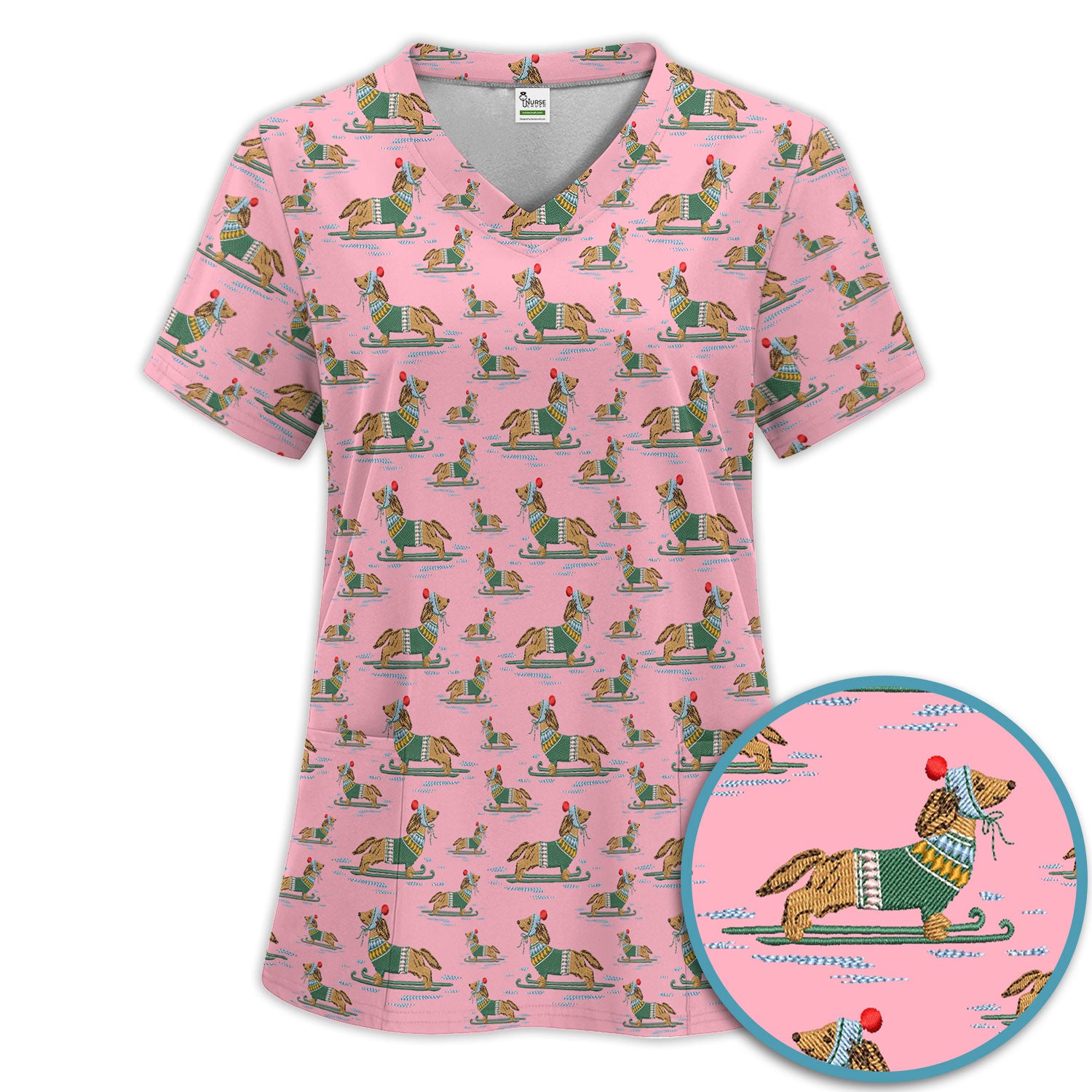 Dachshund Nurse Scrub Set, Wiener Dog Winter Pattern Shirt, Breathable Fabrics Nursing Uniform