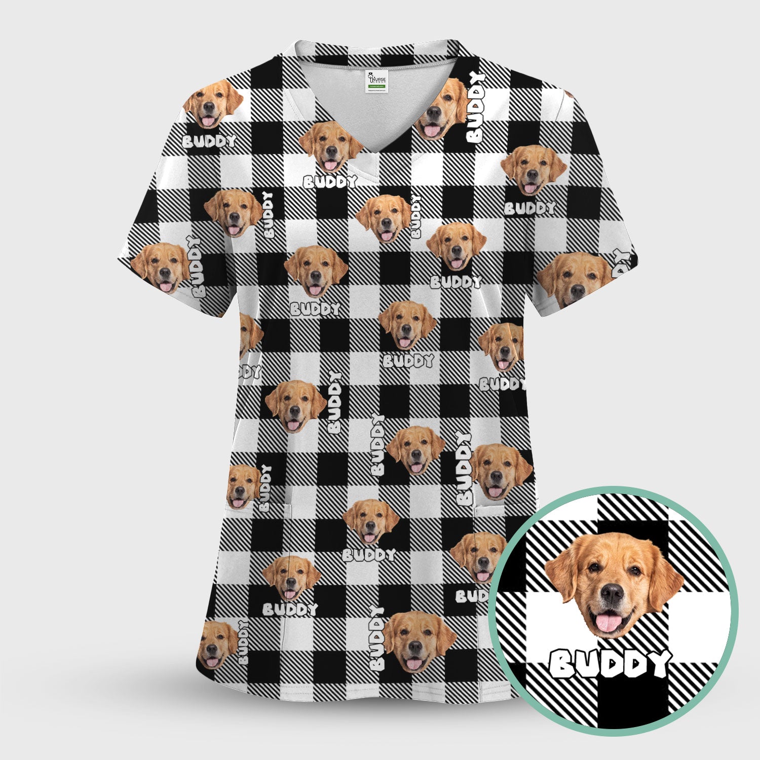 Custom Dog Face Scrub Top, Personalized Pet Photo Checkered Pattern Shirt, Custom Name Vet Tech Gift For Nursing