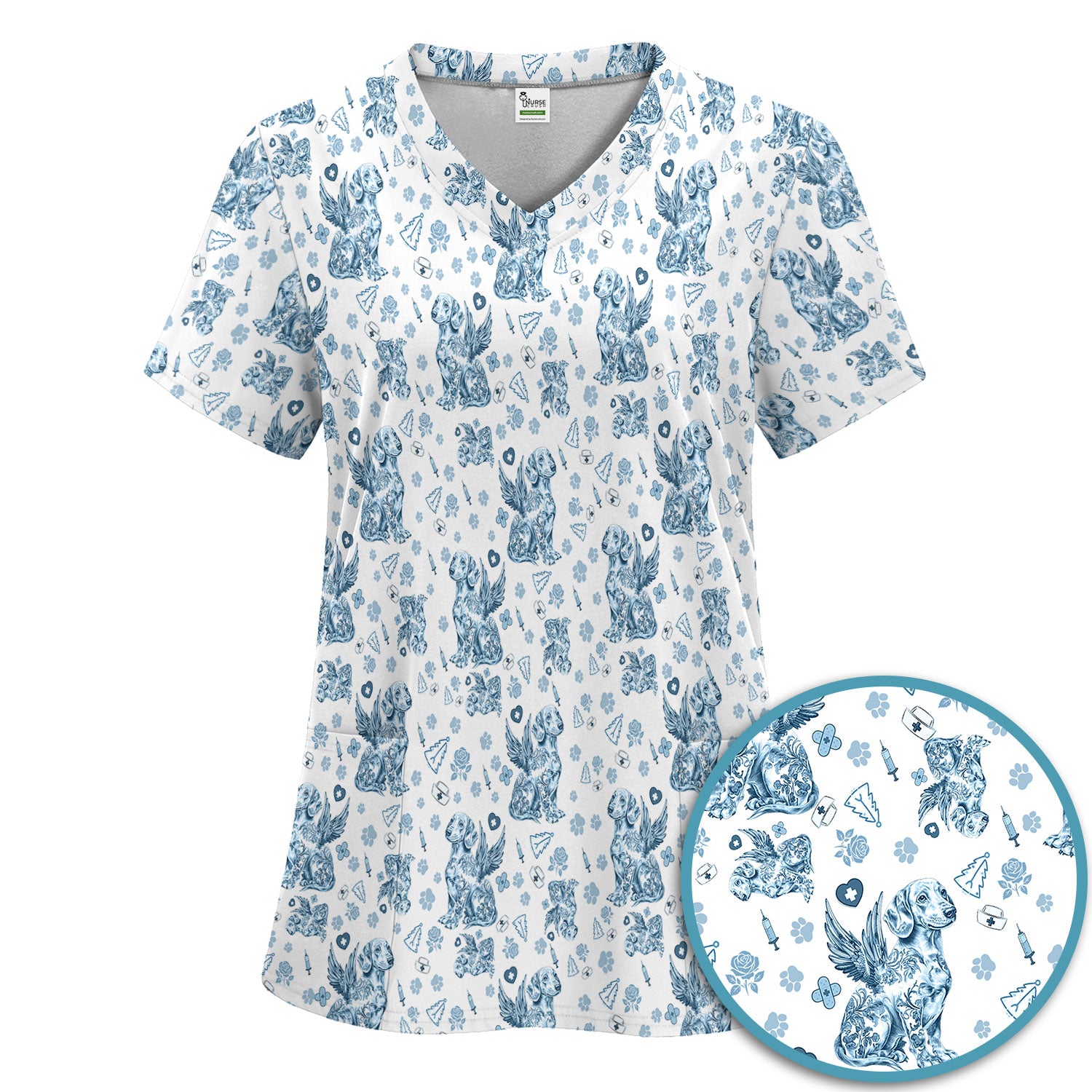 Toile de Jouy Dachshund Angel Scrub Set - Blue Vintage Wiener Dog Scrubs Pants and V Neck Top - Memorial Puppy Gift