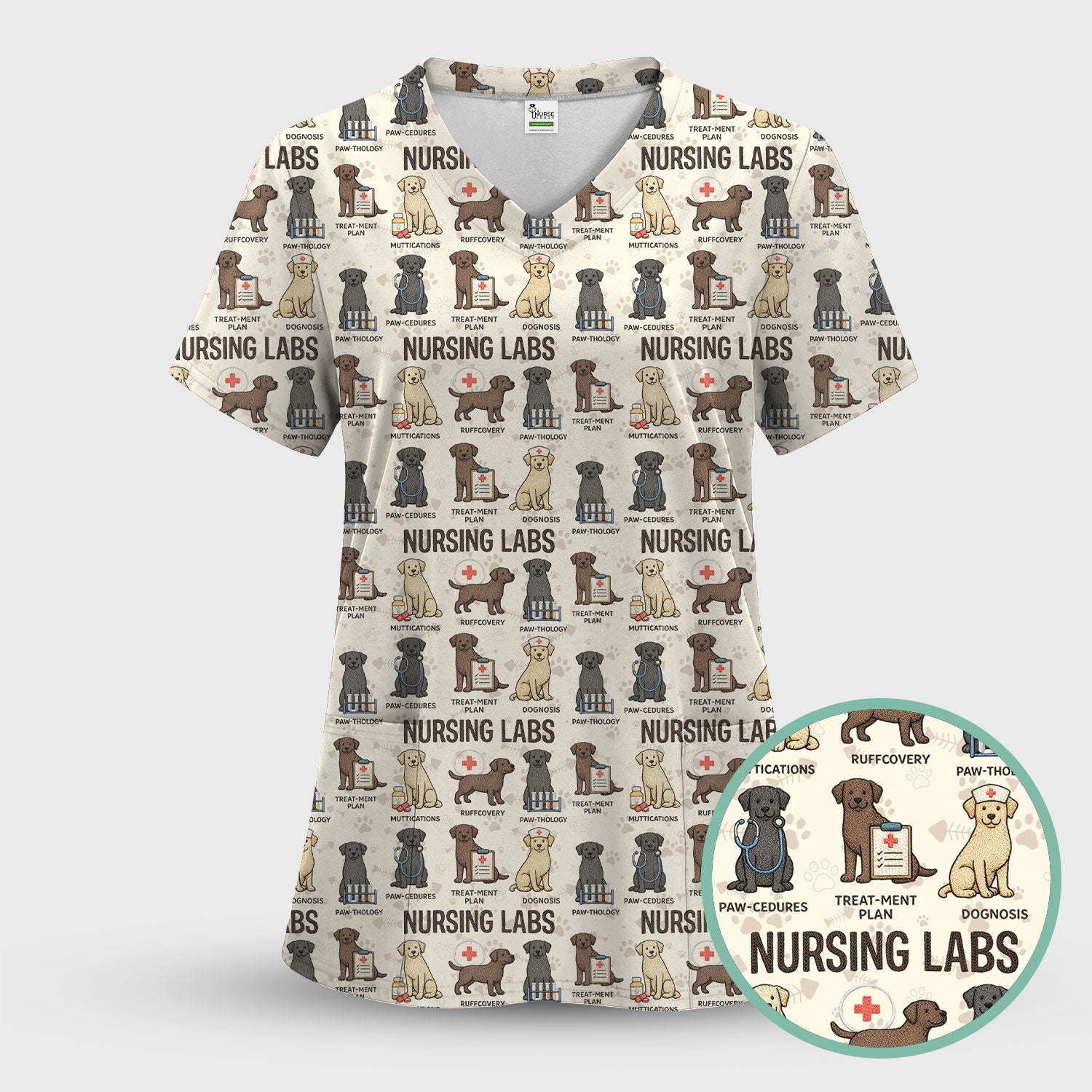 Playful Nursing Labs Dog Pattern Scrub Top, Comfortable Scrubs for Nurses