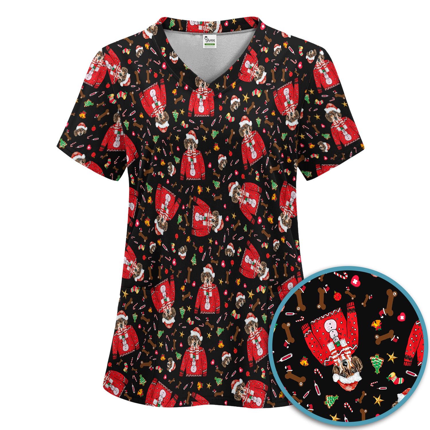 Funny Dog Christmas Scrub Set – Cute Puppy in Santa Outfit Pattern – Festive Holiday Medical Uniform For Nurses And Pet Lovers