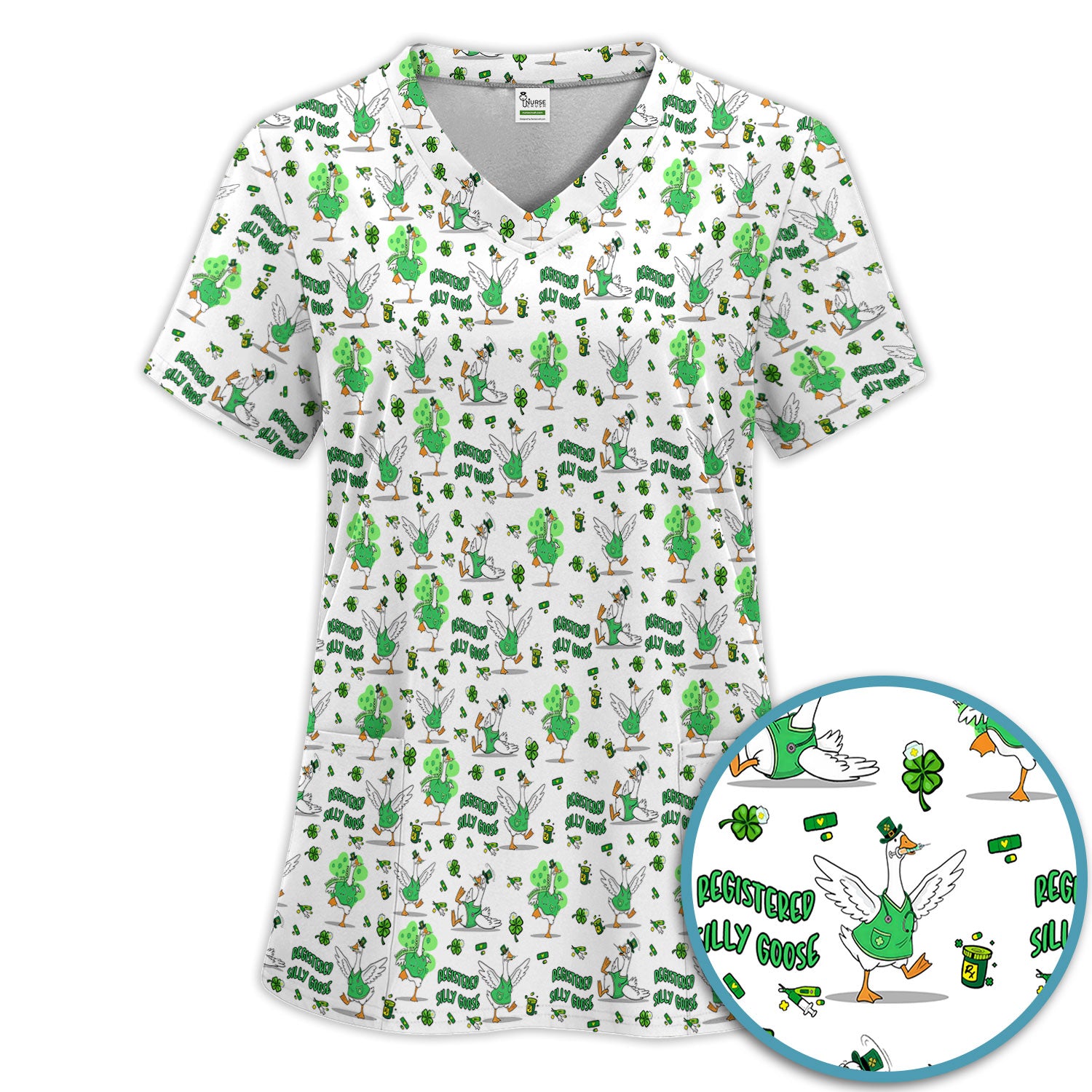 Silly Goose St. Patrick’s Day Scrub Set, Funny Goose Shamrock Pattern Nurse Scrub Shirt, Irish Green Nursing Uniform