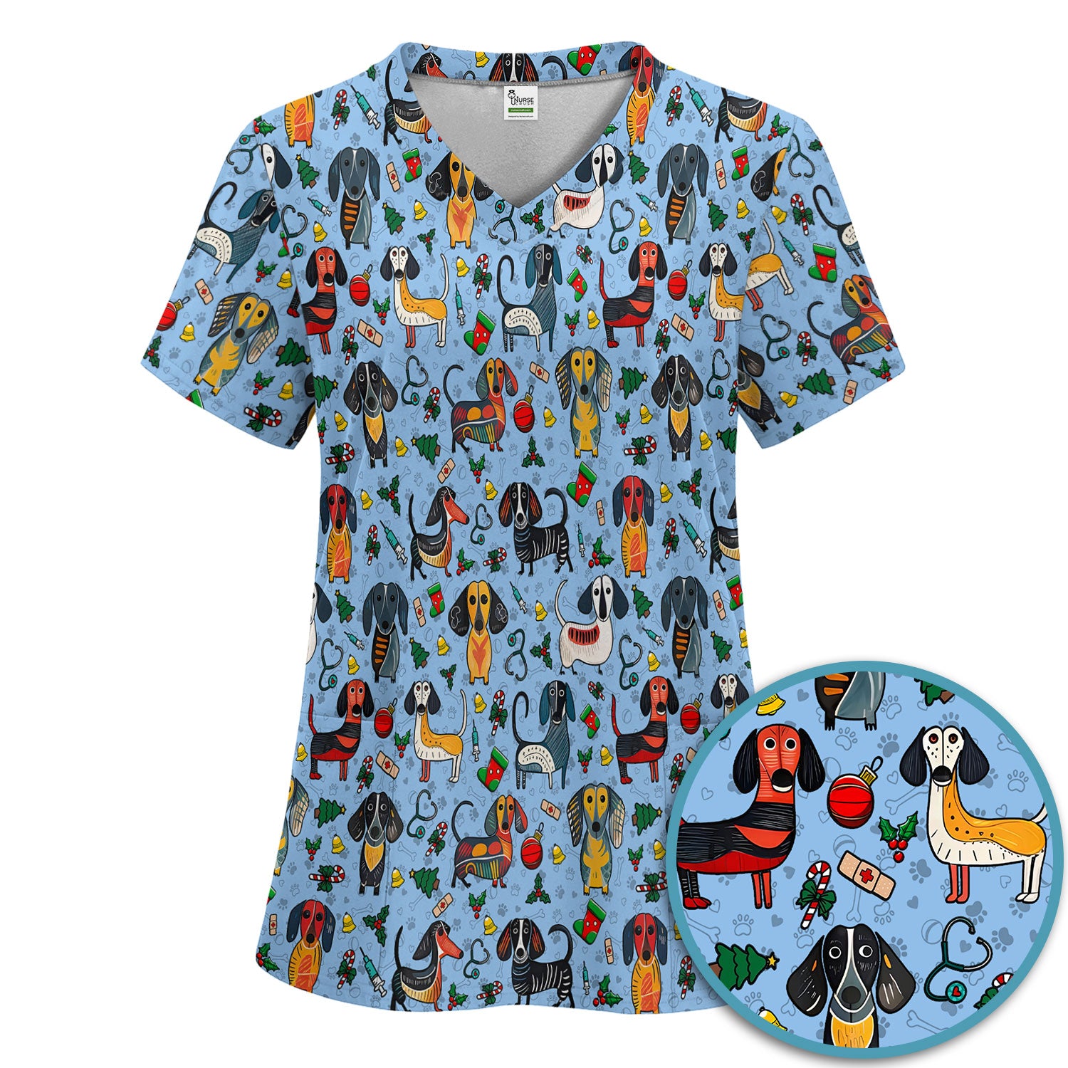 Christmas Wiener Dog Scrub Set - Funny Sausage Dog Pants and V Neck Top - Holiday Medical Uniform