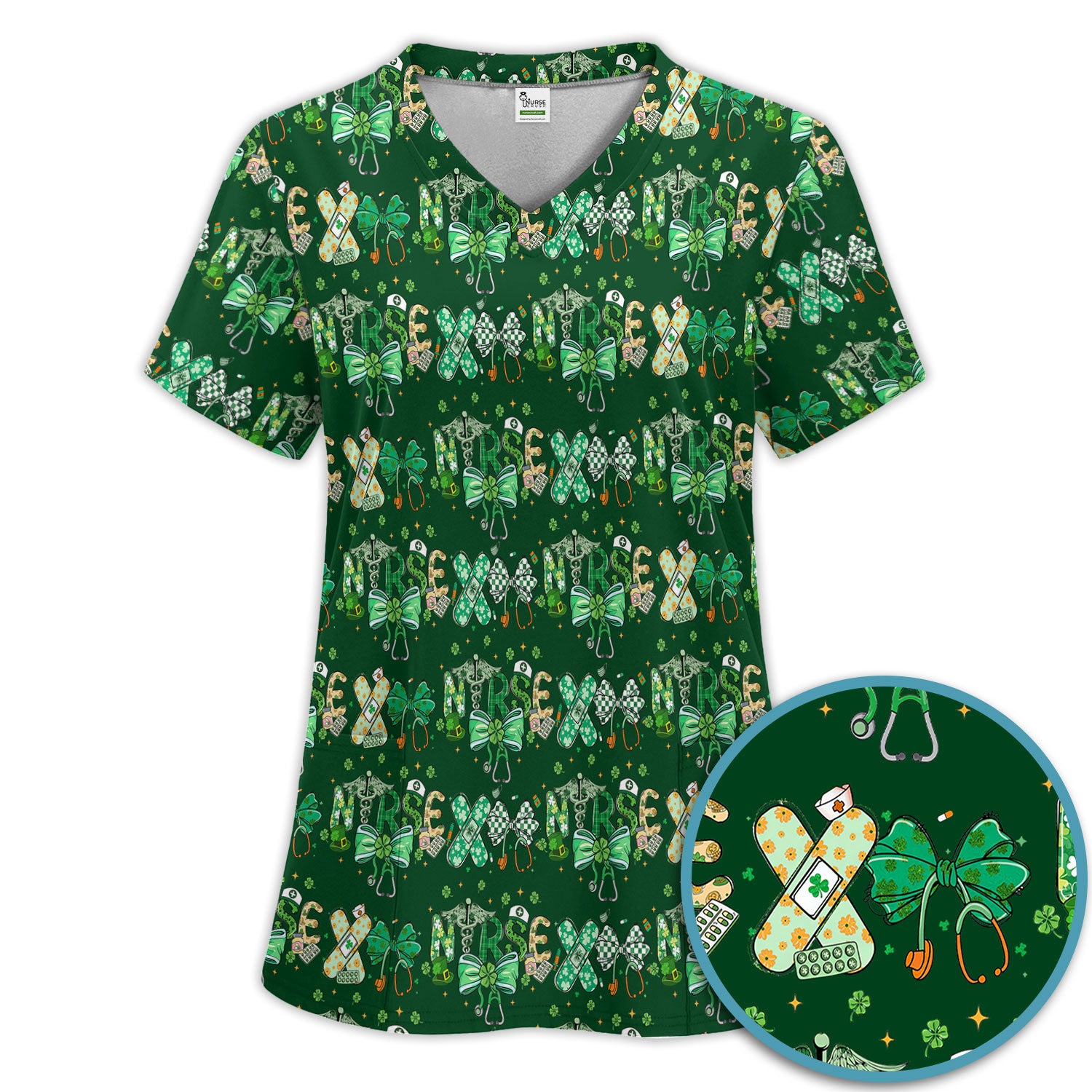 St. Patrick’s Nurse Scrub Set, Lucky Clover And Green Bow Pattern Nurse Shirt, Breathable Fabrics Nursing Uniform