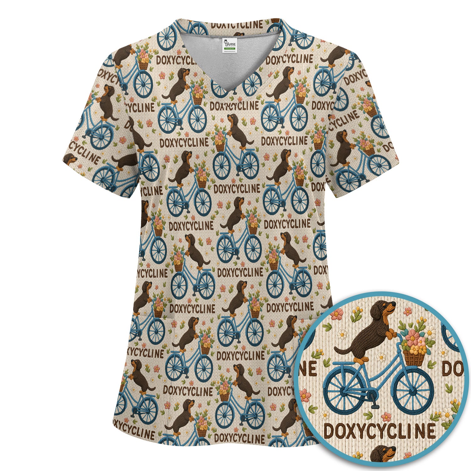 Doxycycline Pharmacy Pun Scrub Set - Dachshund on Bicycle Pharmacists Scrubs Pants and V Neck Top - Veterinary Technicians Gift