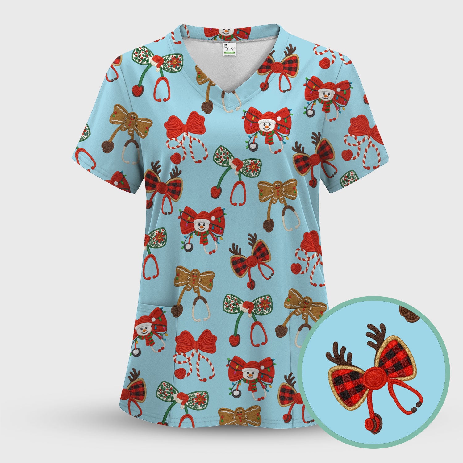 Christmas Stethoscope Bow Nurse Scrub Top, Xmas Pattern Scrub Shirt, Holiday Nursing Uniform