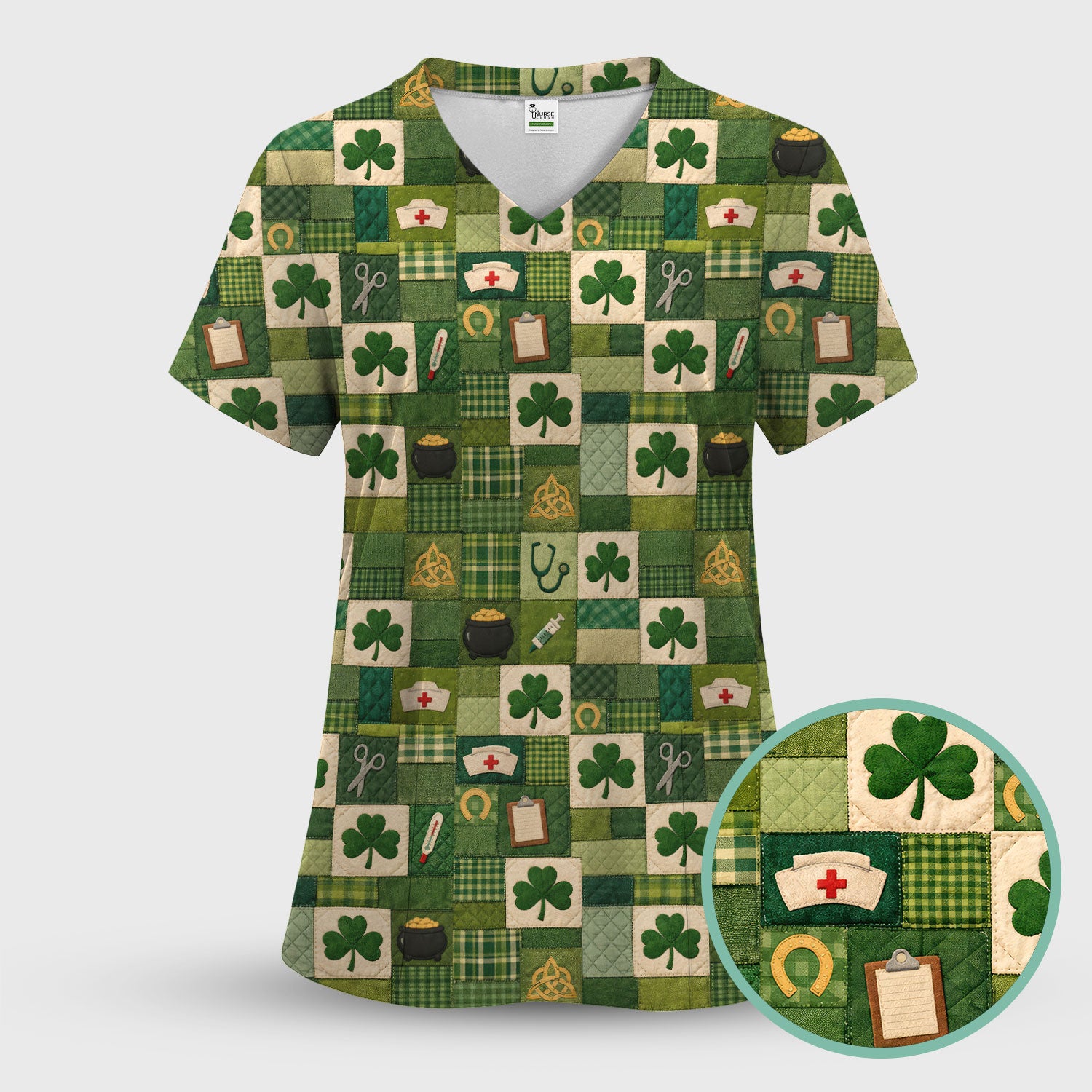 St Patrick Medical Patchwork Shamrock Scrub Top, Comfortable Scrubs for Nurses