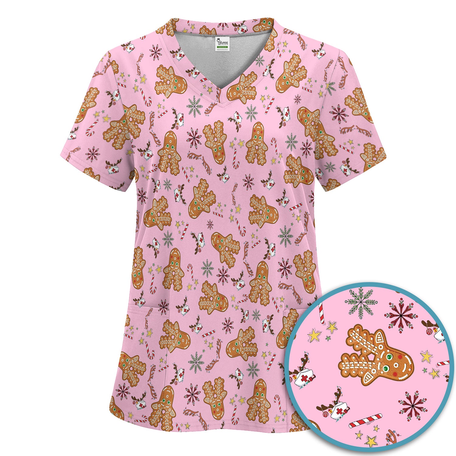 Gingerbread Cookies Reindeer Scrub Sets - Comfortable Scrubs for Nurses - Funny Christmas Gingerbread Scrub Pants and V Neck Top