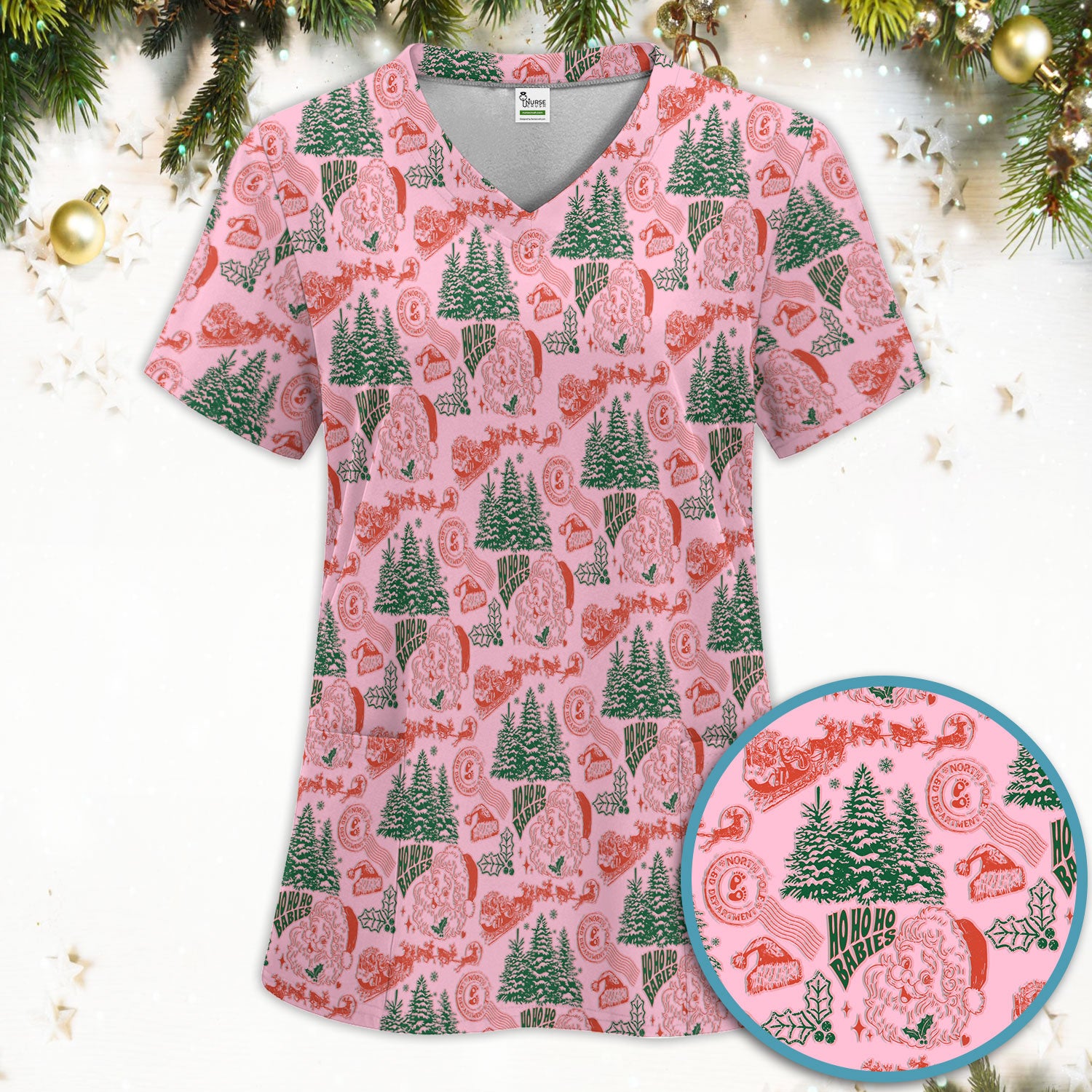Christmas Santa Scrub Set, Vintage Holiday Nurse Shirt, Festive Medical Uniform For Nursing
