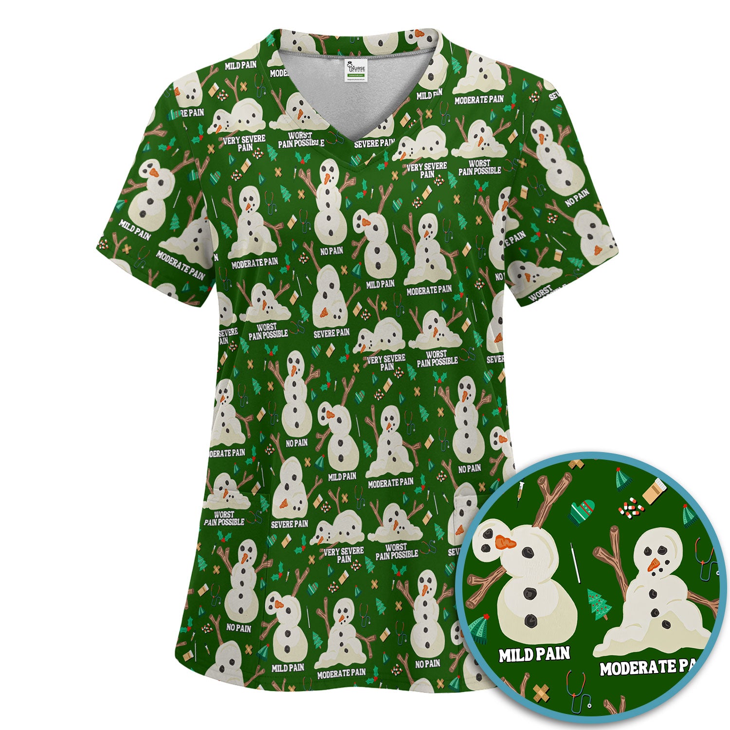 Funny Snowman Pain Scale Scrub Set for Nurse - Christmas Medical Pants and V Neck Top for Women RN LPN CNA