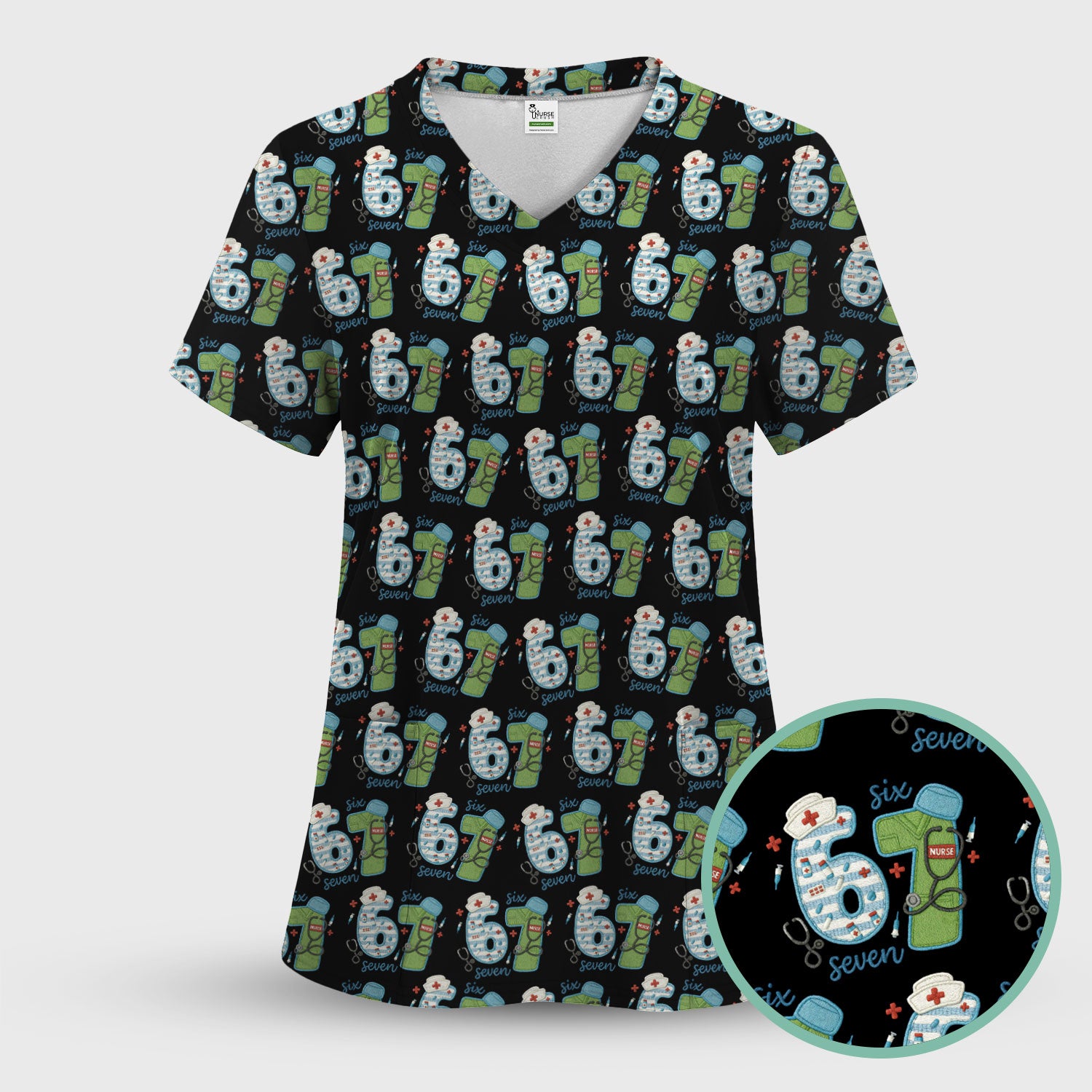 Nurse Six Seven Pattern Scrub Top, Cute Medical Number Print Shirt for Nursing Professionals