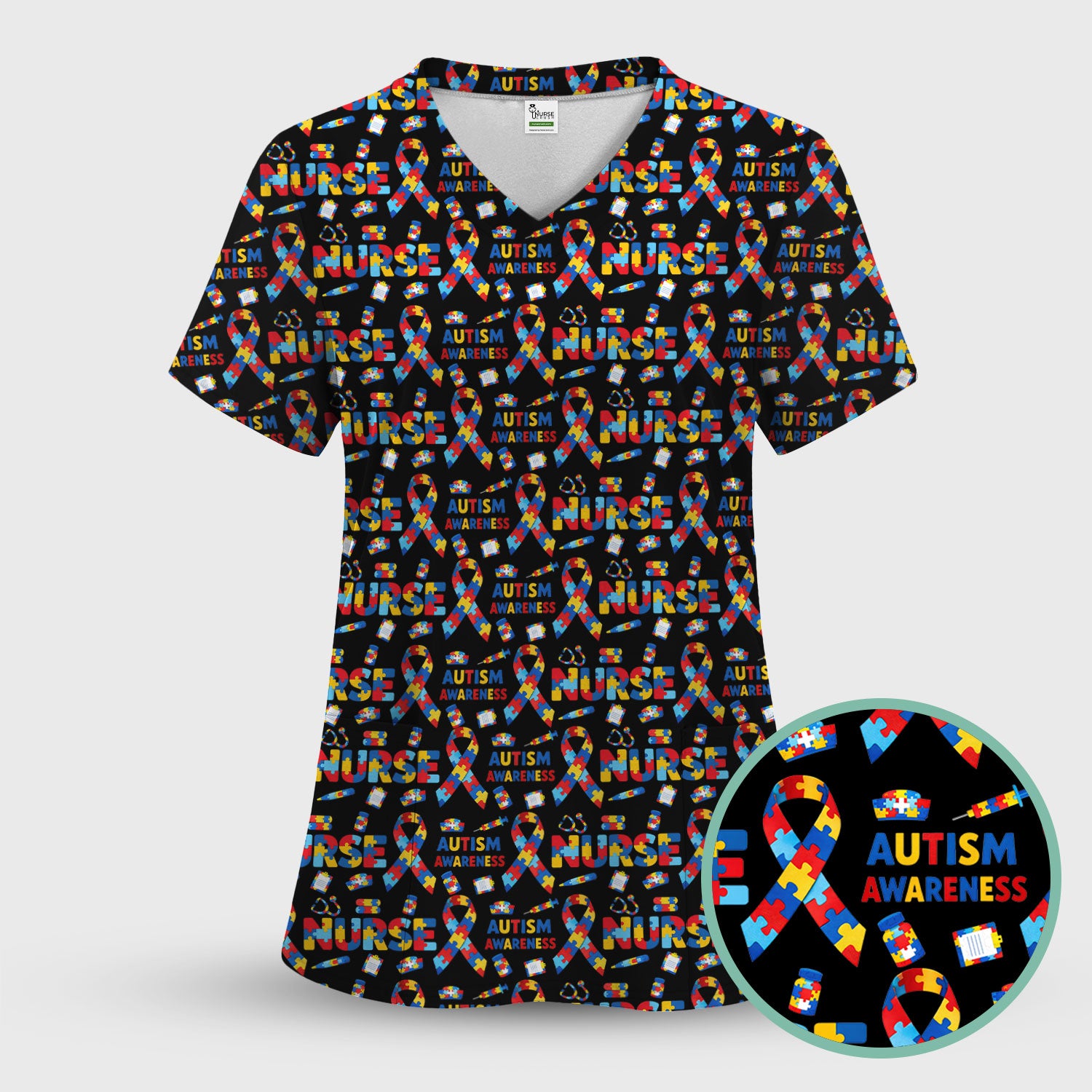 Autism Awareness Nurse Puzzle Ribbon Print Scrubs, Comfortable Scrubs for Nurses
