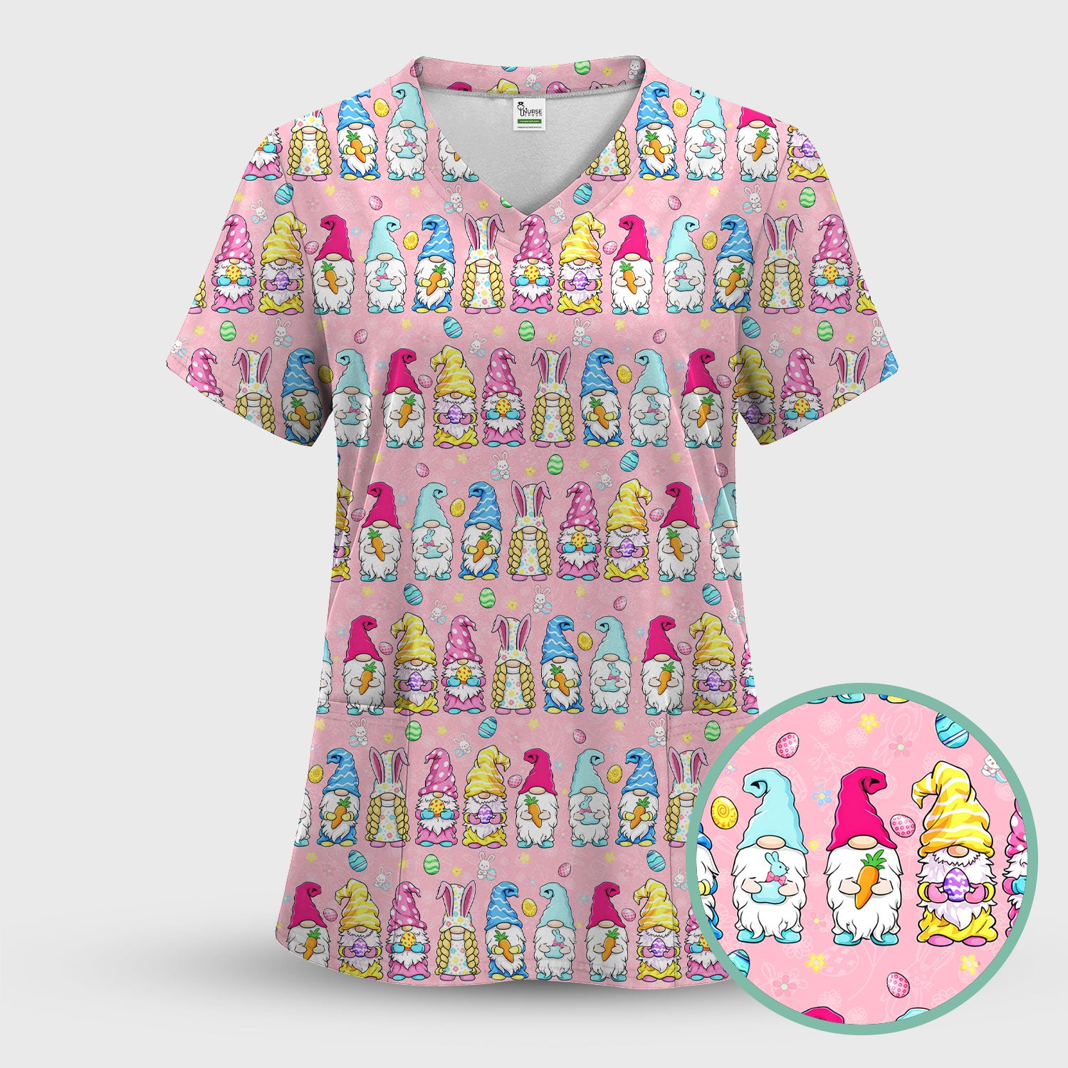 Colorful Easter Gnome Bunny Eggs Print Scrub Top, Comfortable Scrubs for Nurses