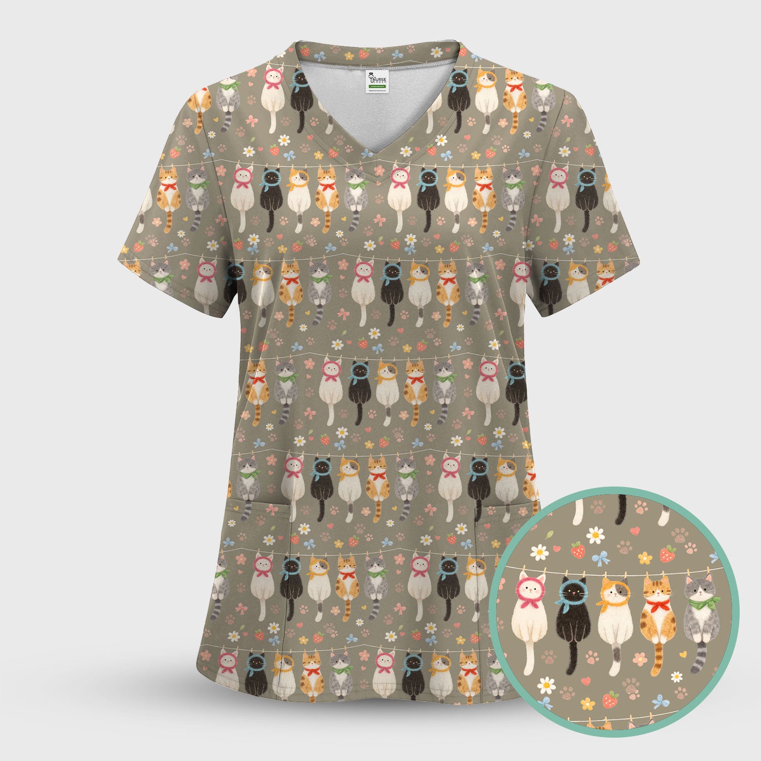 Cute Cat Clothesline Pattern Scrub Top, Scrub Pants and V Neck Top