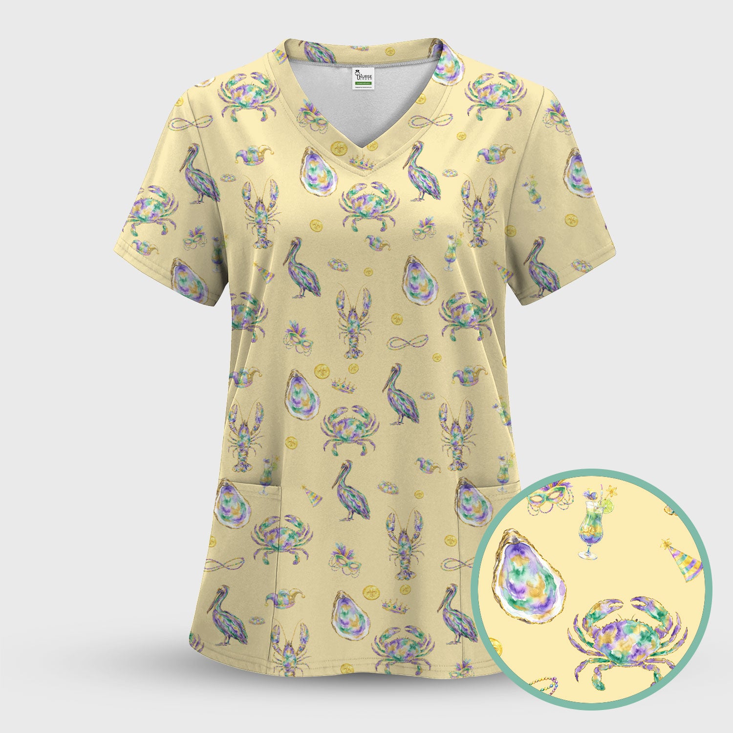 Mardi Gras Seafood Nurse Scrub Top, Comfortable Uniform Scrubs For Nursing