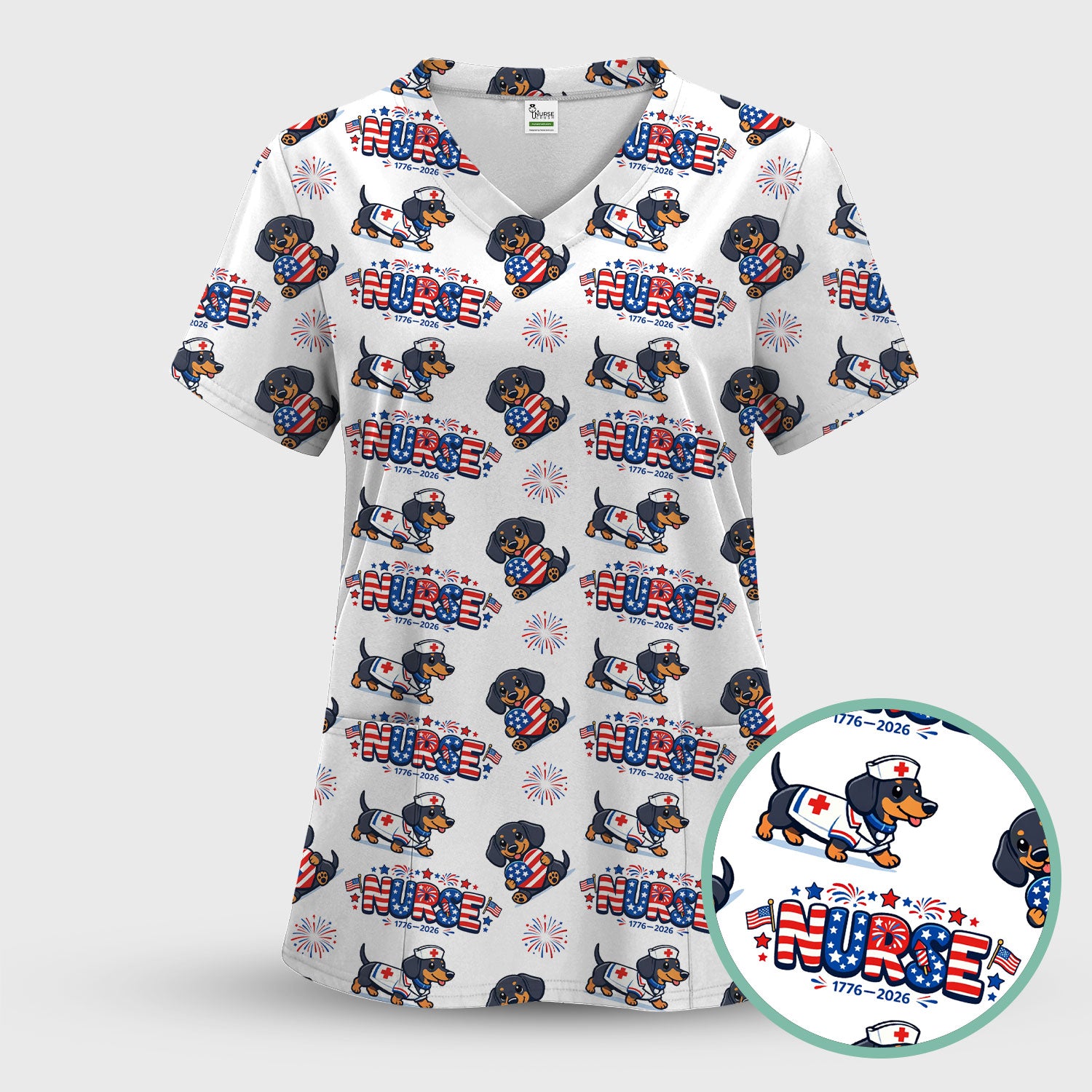 Proud Nurse Patriotic Dachshund Medical Firework Pattern Scrub Set, Nurse Uniform Scrubs Set