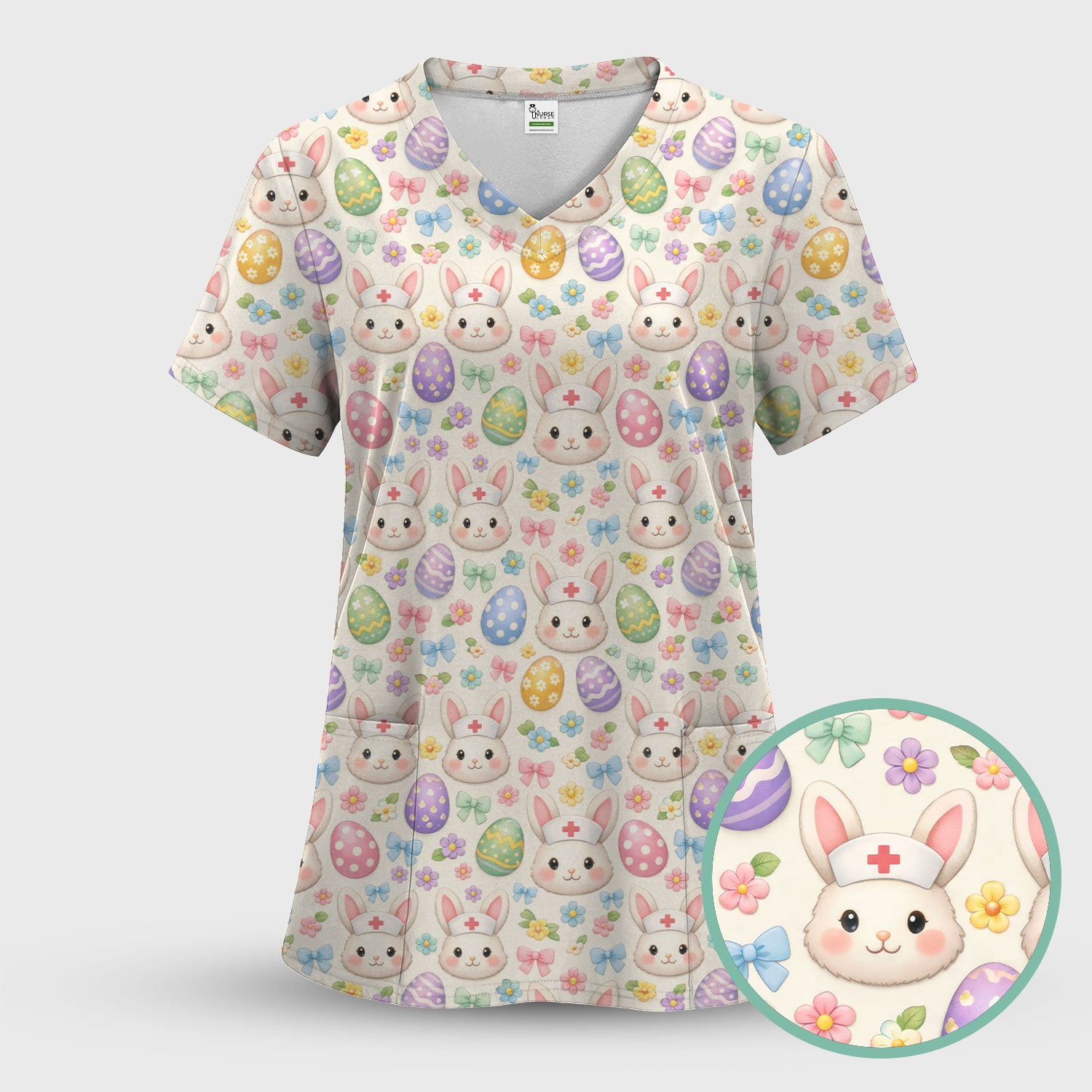 Cute Easter Nurse Bunny Egg Scrub Top, Breathable Fabrics Nursing Uniform