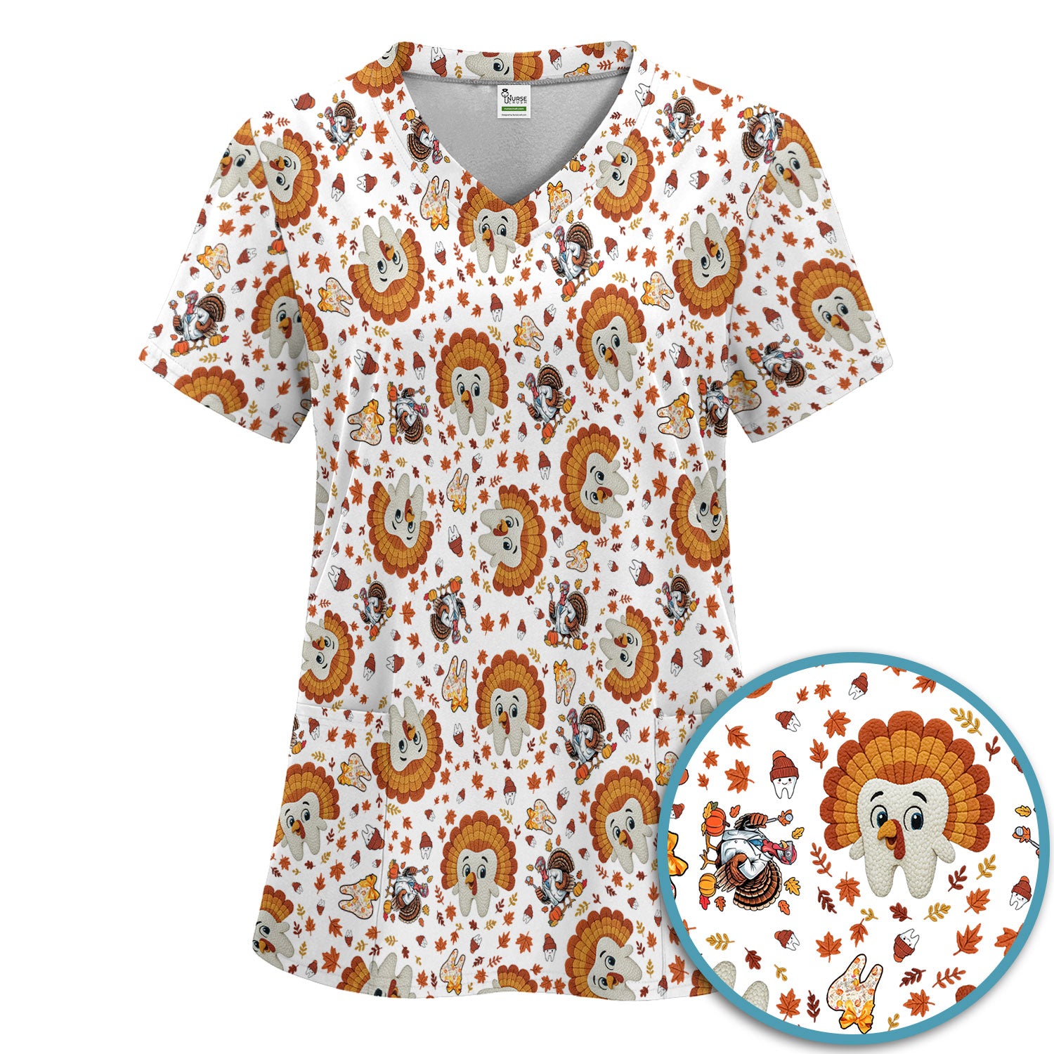 Funny Thanksgiving Tooth Scrub Set - Cute Turkey Dental Scrubs Pants and V Neck Top - Fall Medical Uniform for Hygienists & Nurses