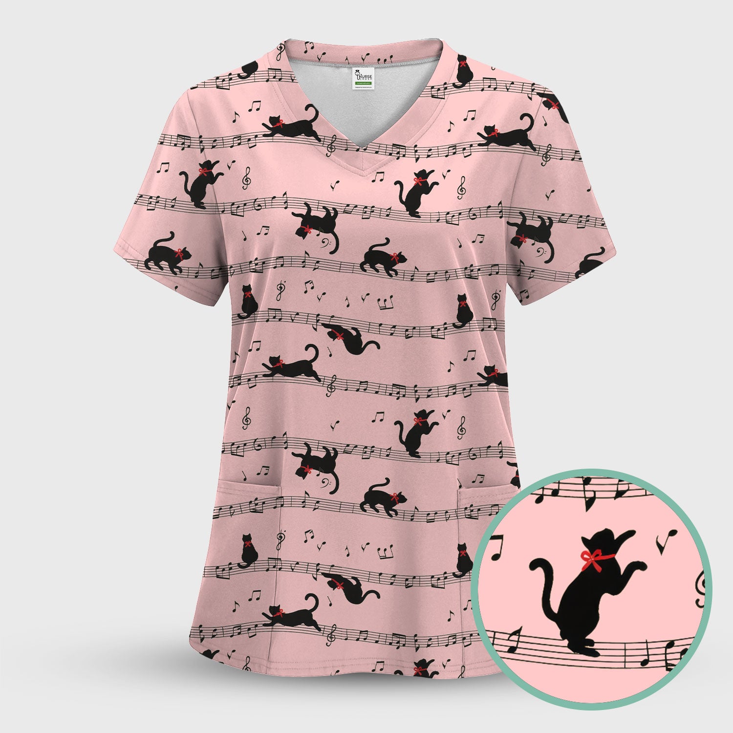Cute Dancing Black Cat Music Staff Pattern Scrub Top, Comfortable Scrubs for Nurses