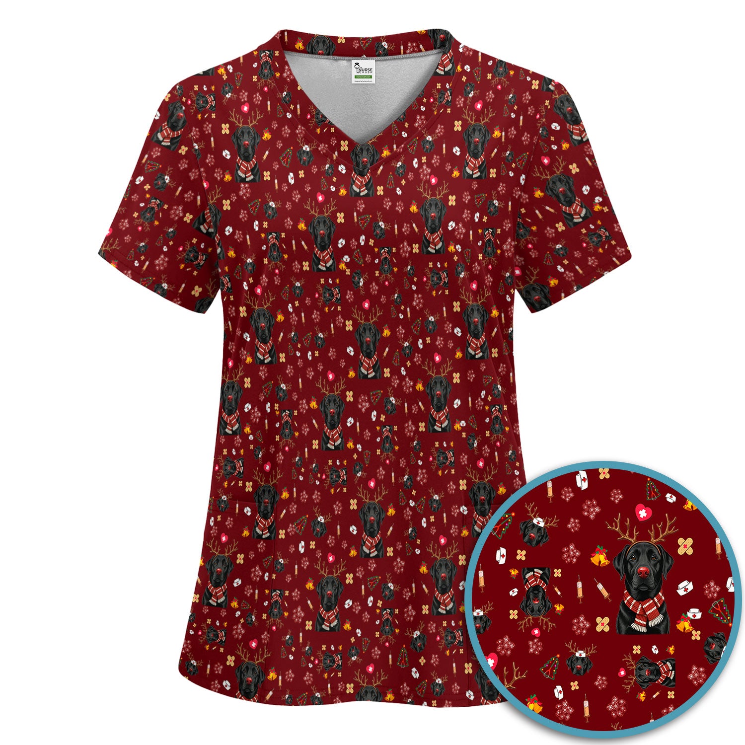 Funny Black Lab Reindeer Scrub Set - Christmas Dog Nurse Pants and V Neck Top - Cute Holiday Medical Uniform