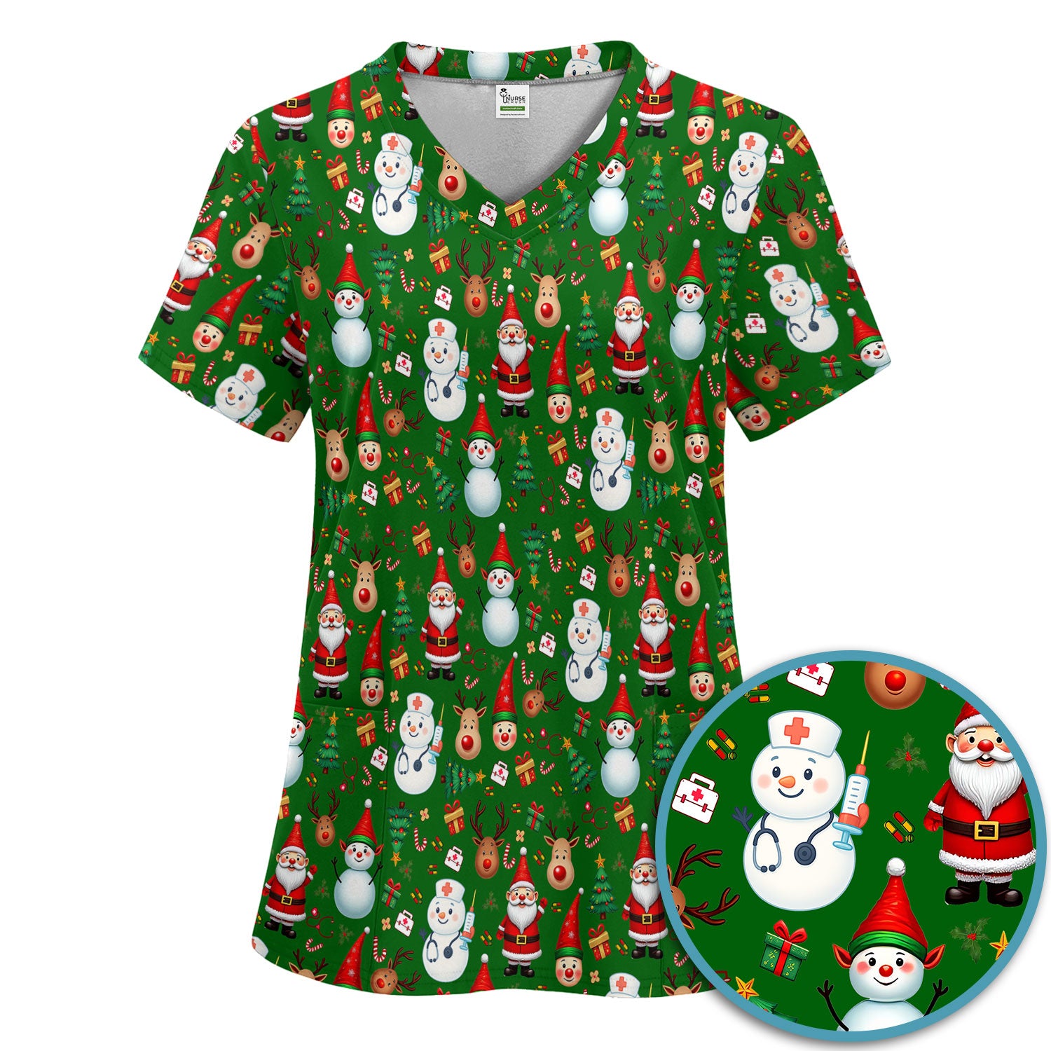 Christmas Nurse Scrub Set - Cute Snowman Santa Reindeer Pattern Medical Uniform - Festive Holiday Scrubs Pants and V Neck Top