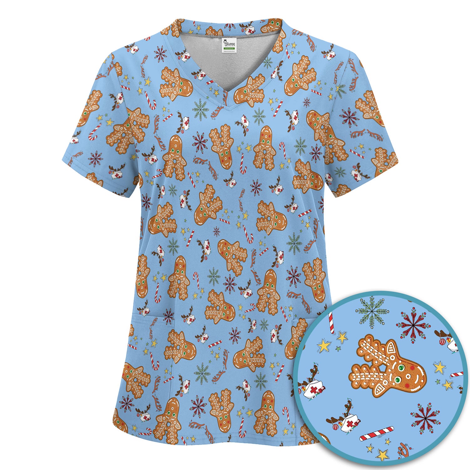 Gingerbread Cookies Reindeer Scrub Sets - Comfortable Scrubs for Nurses - Funny Christmas Gingerbread Scrub Pants and V Neck Top
