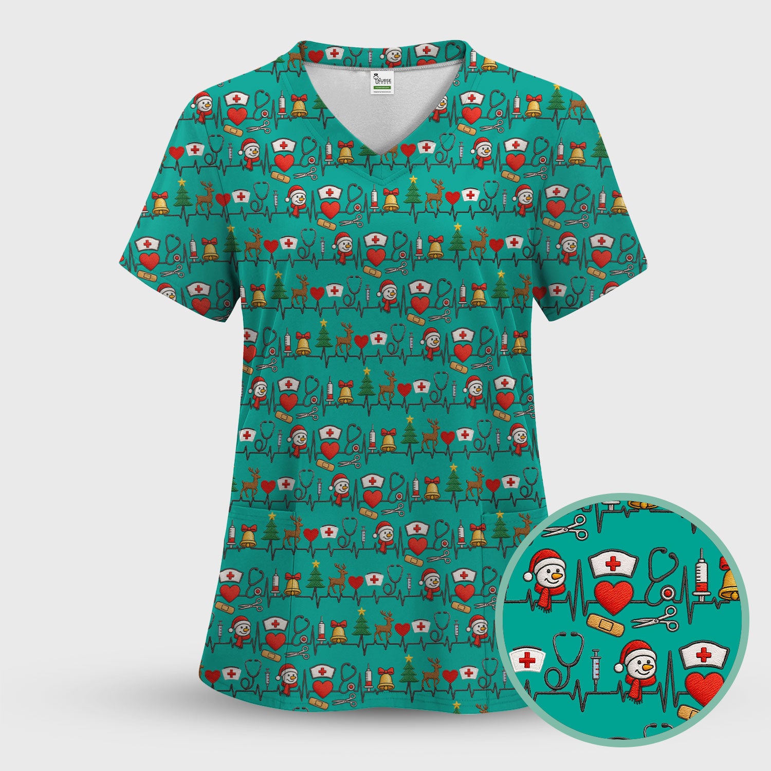 Cute Snowman Nurse Scrub Top, Christmas Holiday Medical Uniform For Nursing, Festive Heartbeat Print Nurse Shirt