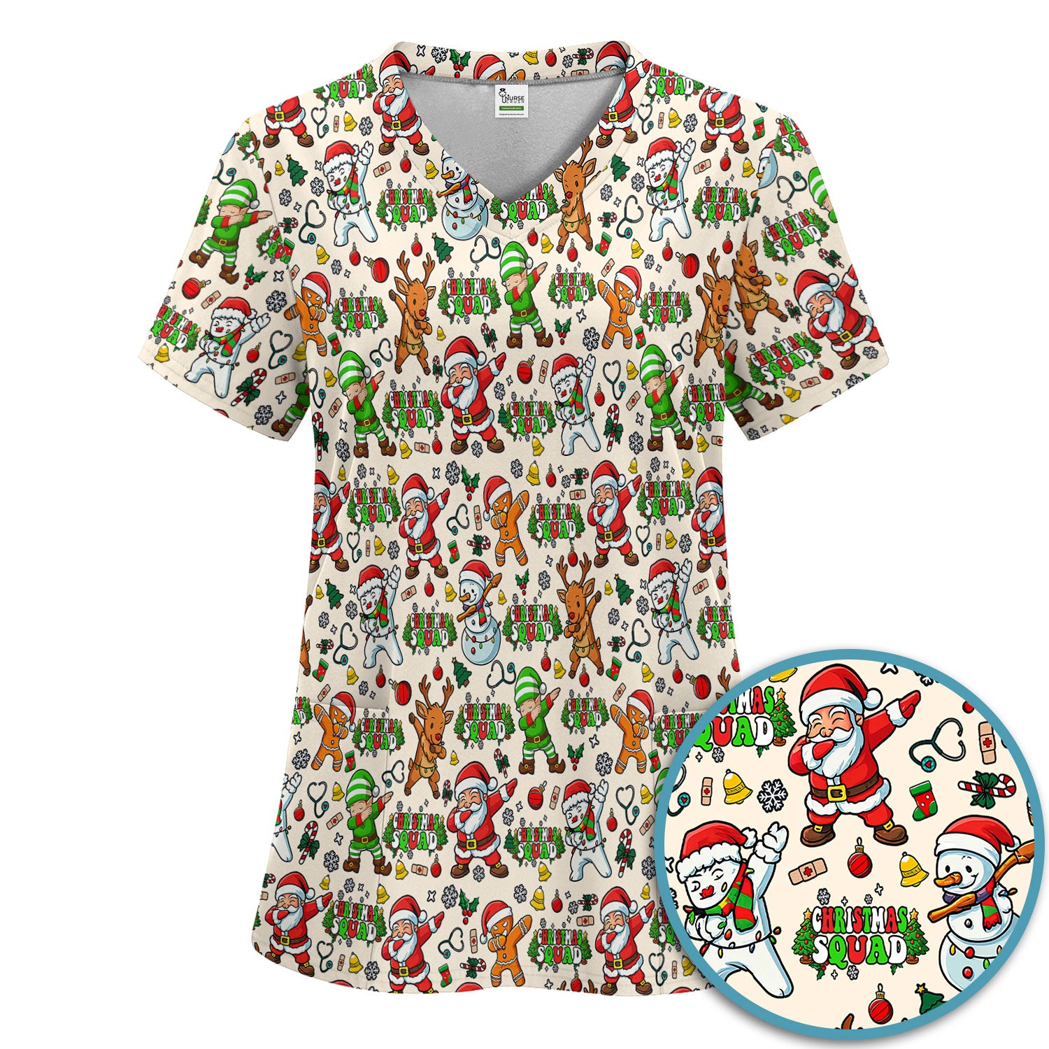 Christmas Squad Scrub Set - Funny Santa & Reindeer Pants and V Neck Top - Cute Holiday Medical Uniform for Nurses, Doctors & Vet Techs